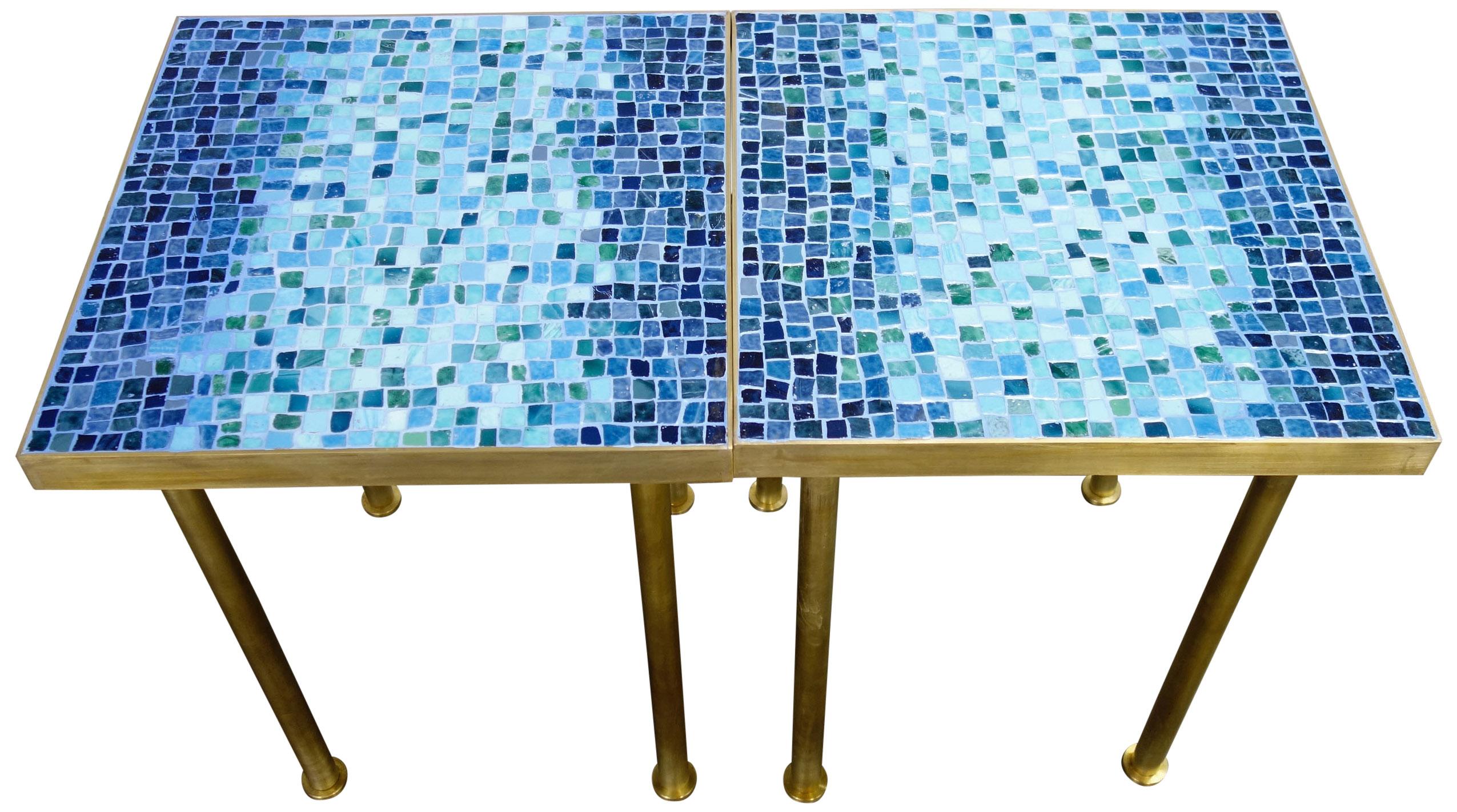 Mosaic Side or End Tables with Brass Frame In Good Condition For Sale In BROOKLYN, NY