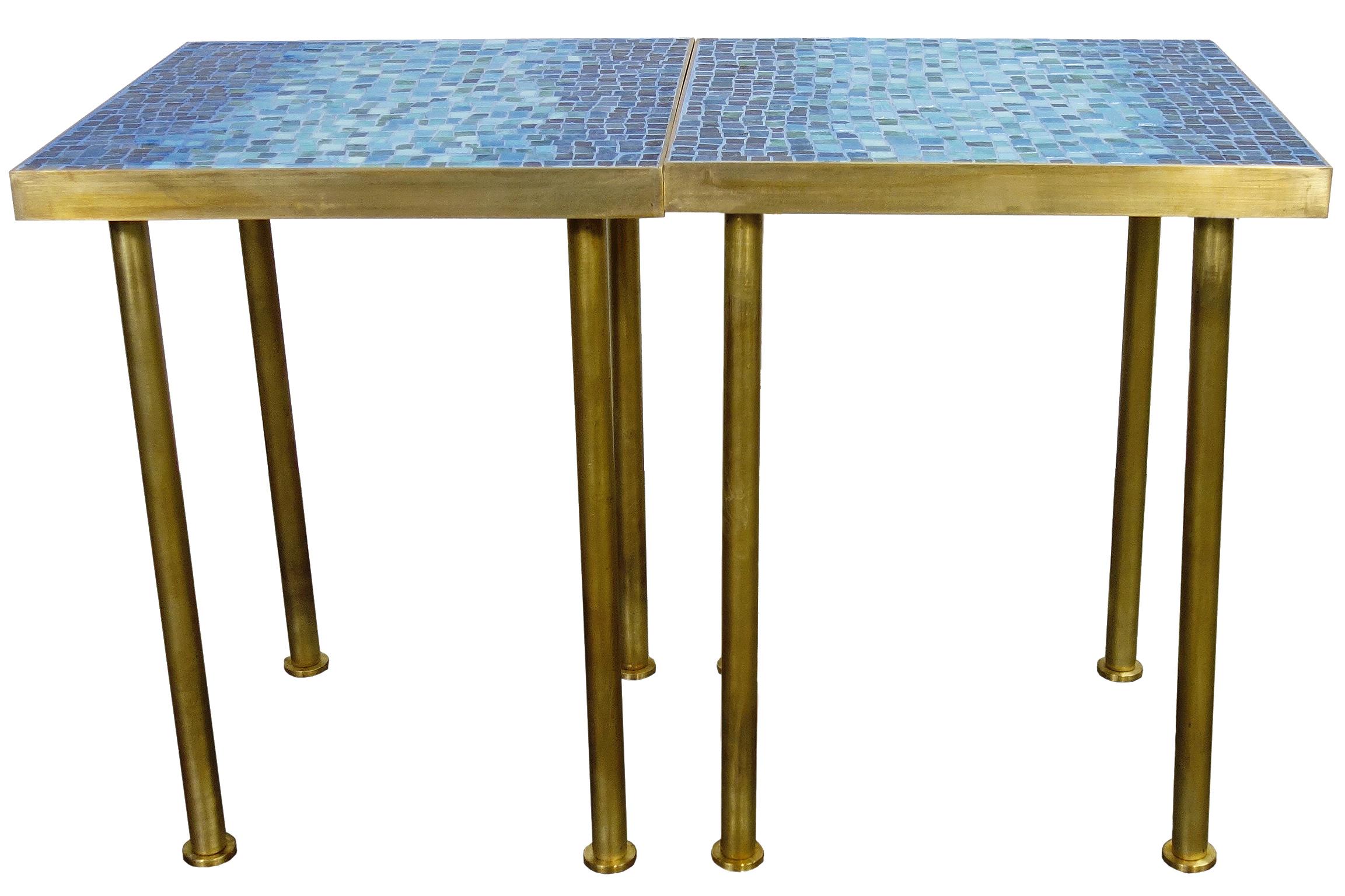 For your consideration is this incredible pair of smalti glass mosaic side tables on a solid brass frame. Wonderful shades of blue will highlight your space with a mid-century aesthetic that can match any decor. . Designed by Yupadee 