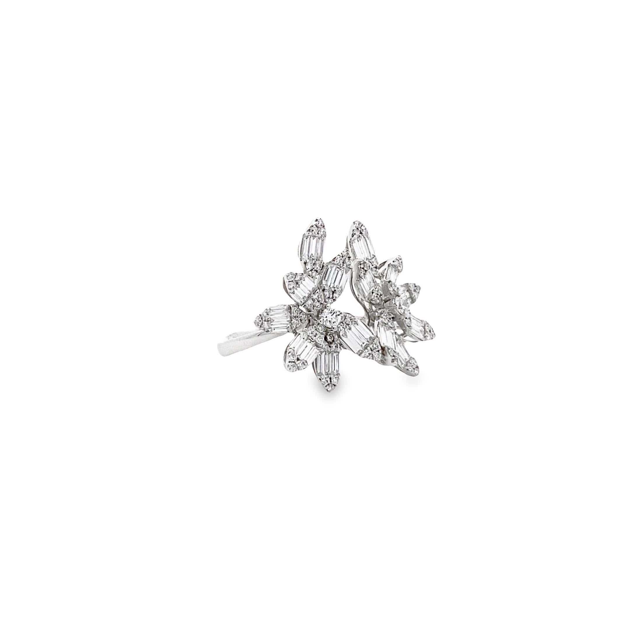 This modern 18k white gold ring features a striking combination of white baguette and round diamonds, totaling 1.91 carats. The prong-set design allows the diamonds to shimmer and sparkle brilliantly, creating a dazzling display of light and luxury.