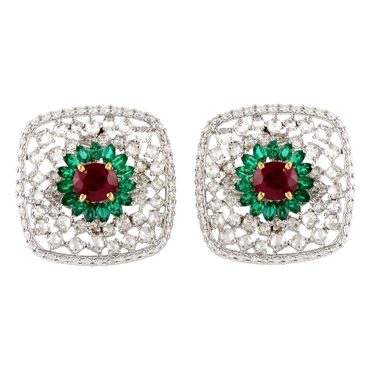 Mosaic Style Diamond Emerald and Ruby Studs in 18 Karat White Gold