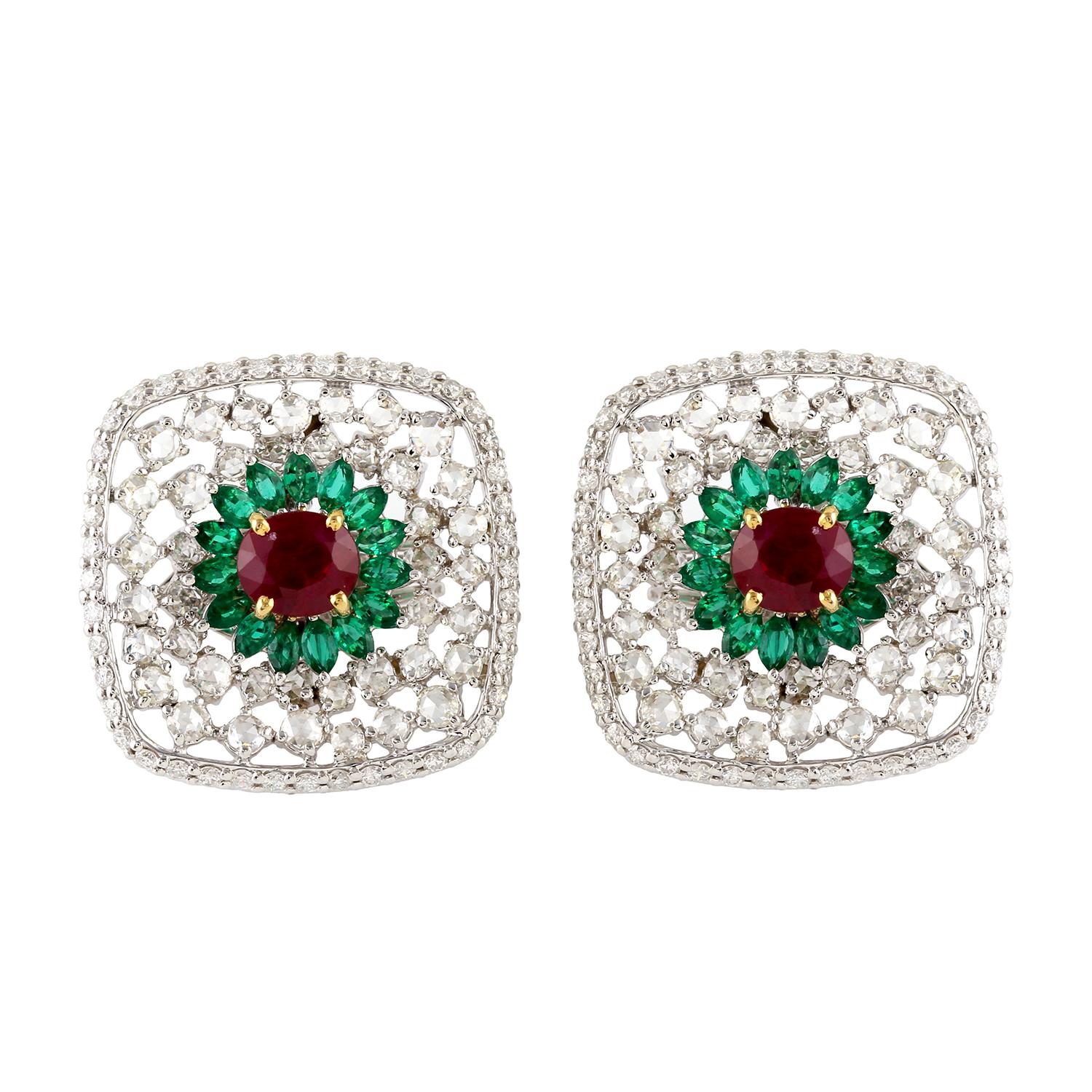 Asscher Cut Mosaic Style Diamond Emerald and Ruby Studs in 18 Karat White Gold