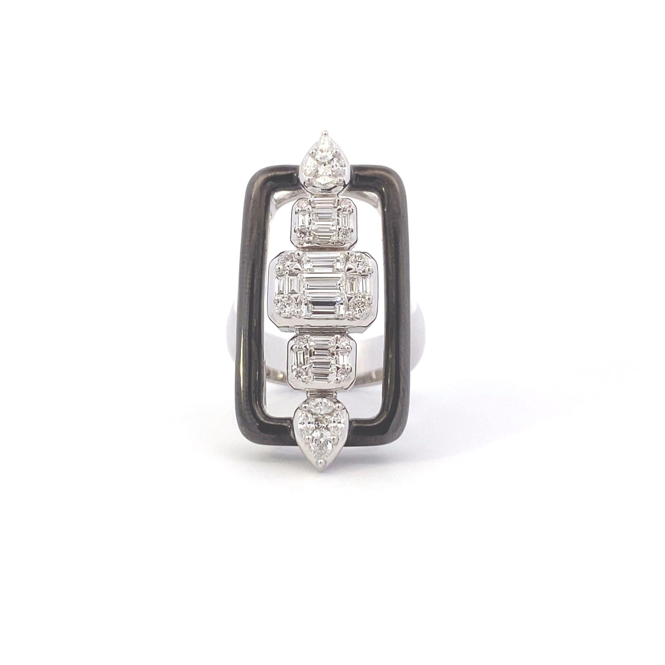 Baguette Cut Maurice Fine Jewelry - Mosaic Style Diamond Ring and Black Enamel For Sale