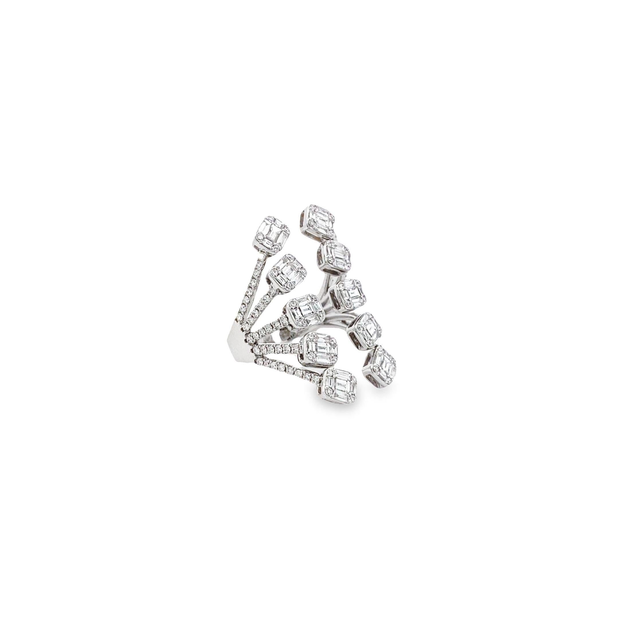This modern 18k white gold ring exudes sophistication and elegance with its stunning design. The centerpiece of the ring is a dazzling 1.24 carat round white diamond, delicately prong-set to showcase its brilliance. Surrounding the central stone are