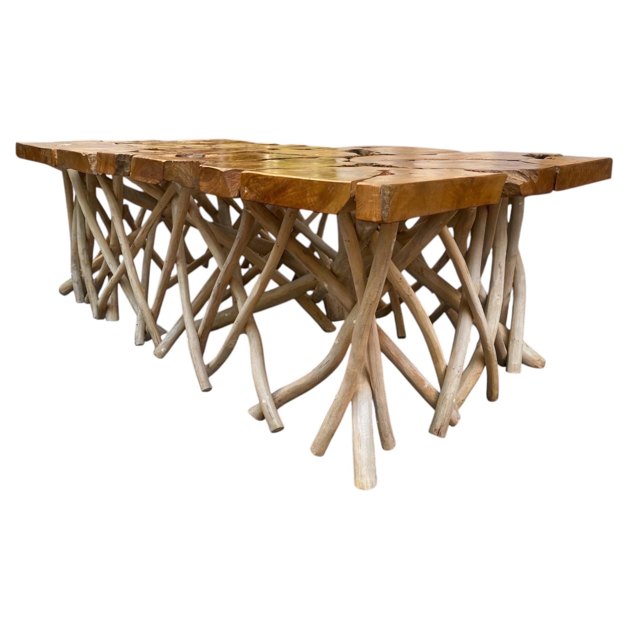MOSAIC TEAK & MANGO ROOT Sculptural Designer Coffee Table   Artisan-Crafted For Sale