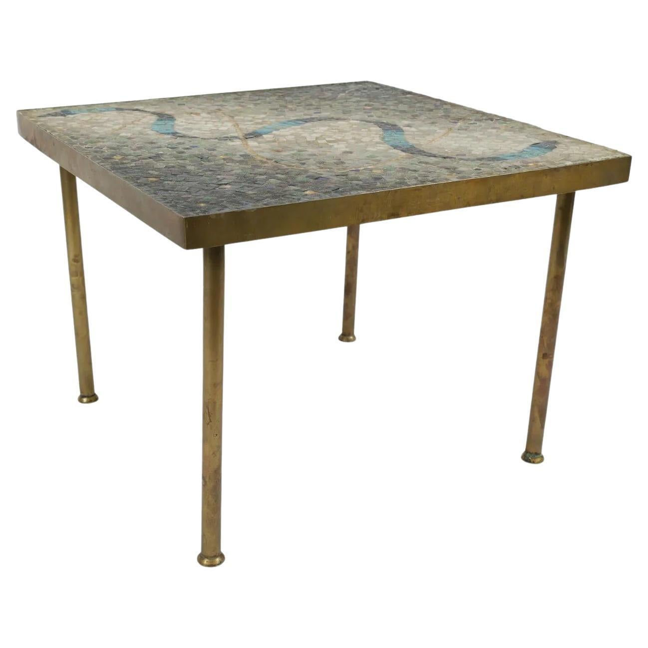 Mosaic Tile and Brass Side Table by Genaro Alvarez For Sale