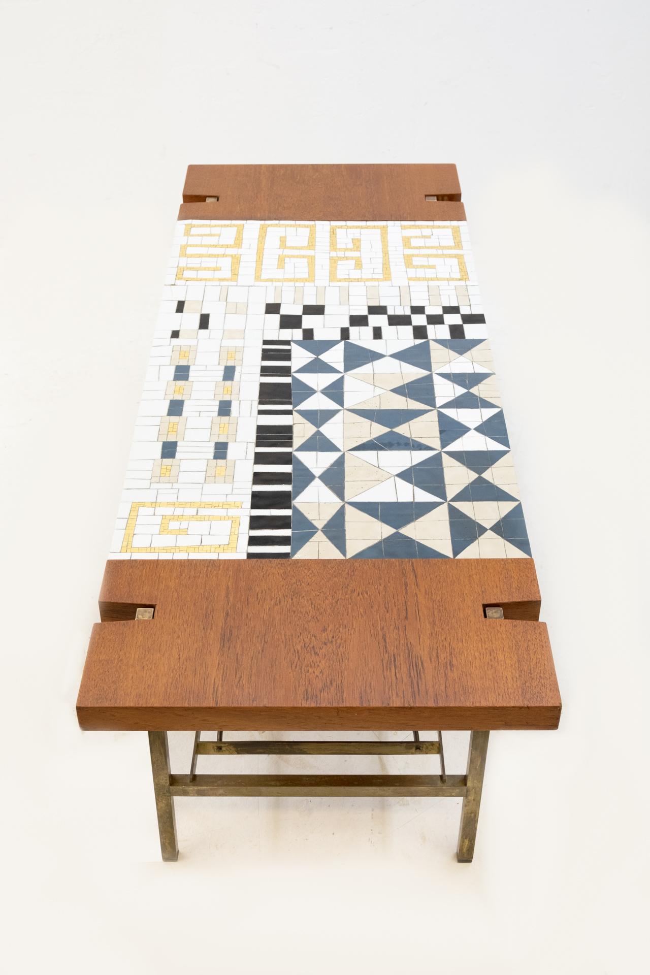 Brass Mosaic Tile and Teak Coffee Table, 1950s