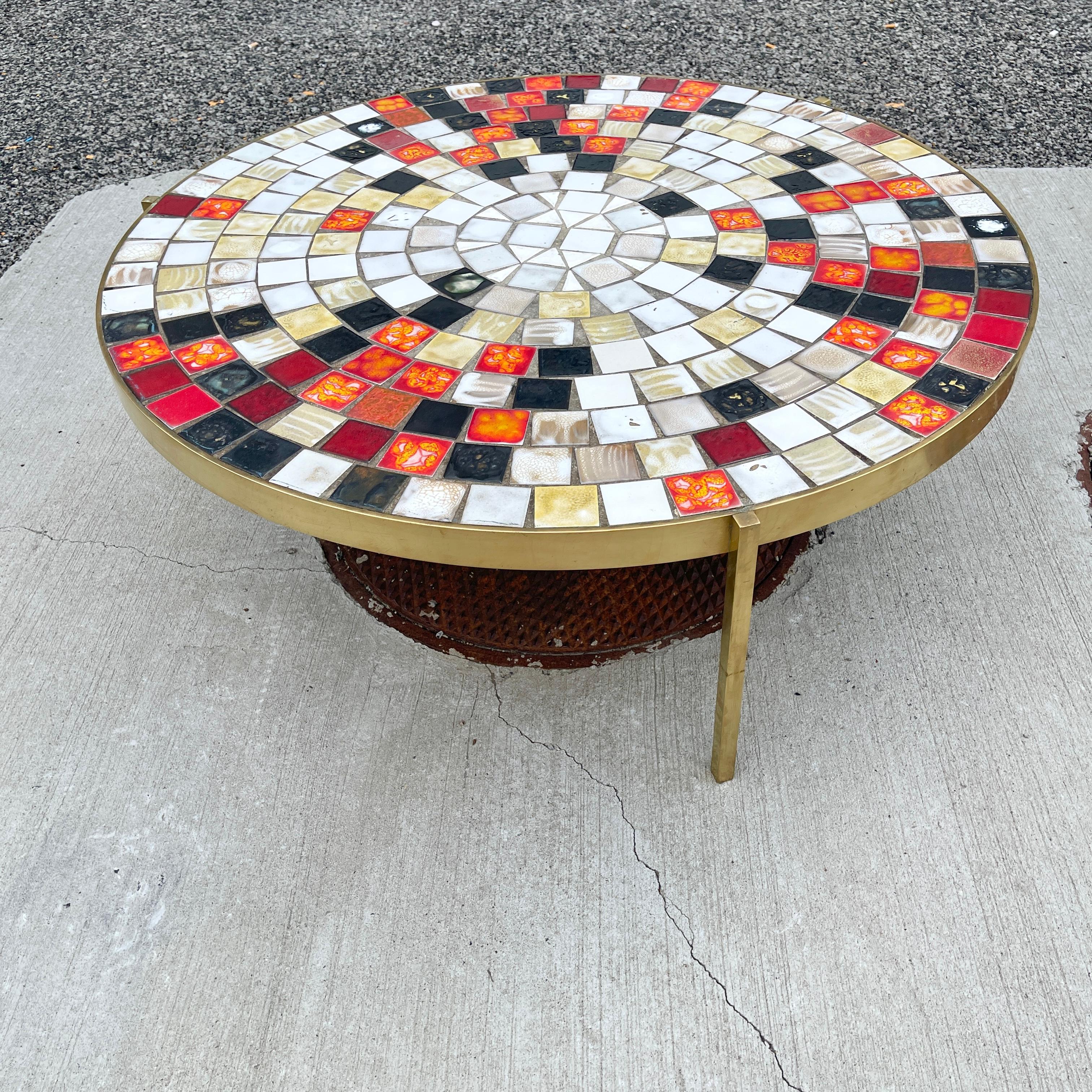 Mosaic Tile & Brass Mid-Century Cocktail Table by Mosaic House For Sale 4