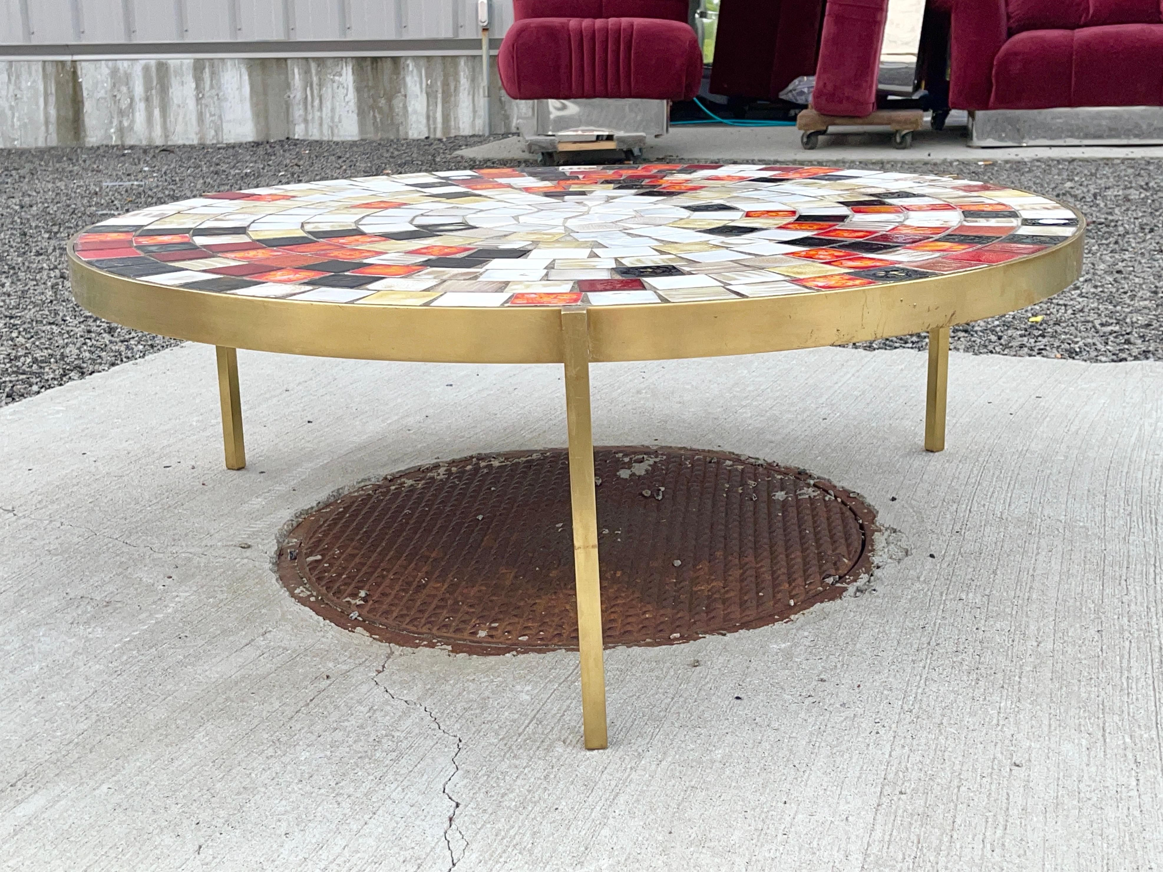 Mid-Century Modern Mosaic Tile & Brass Mid-Century Cocktail Table by Mosaic House For Sale