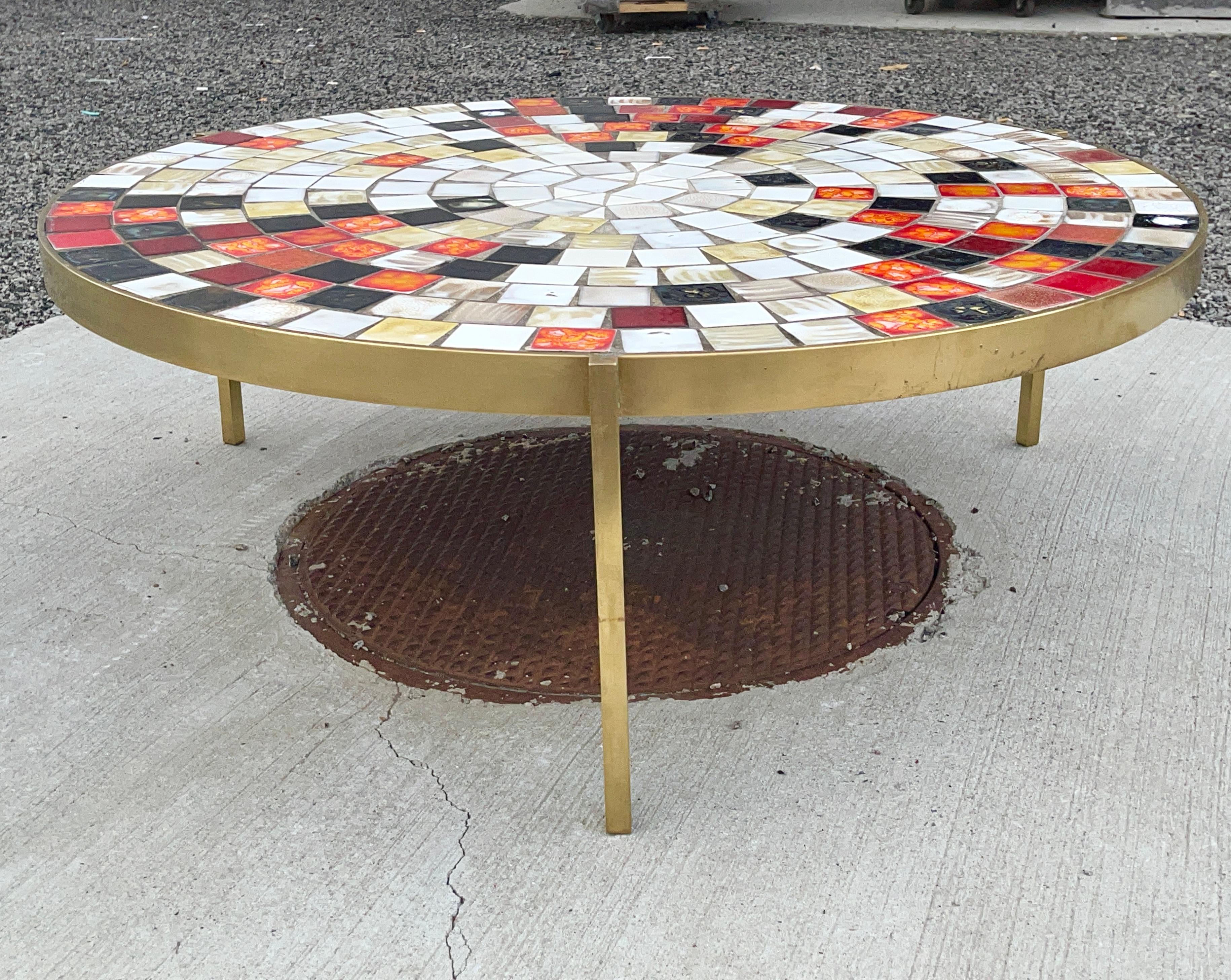 American Mosaic Tile & Brass Mid-Century Cocktail Table by Mosaic House For Sale