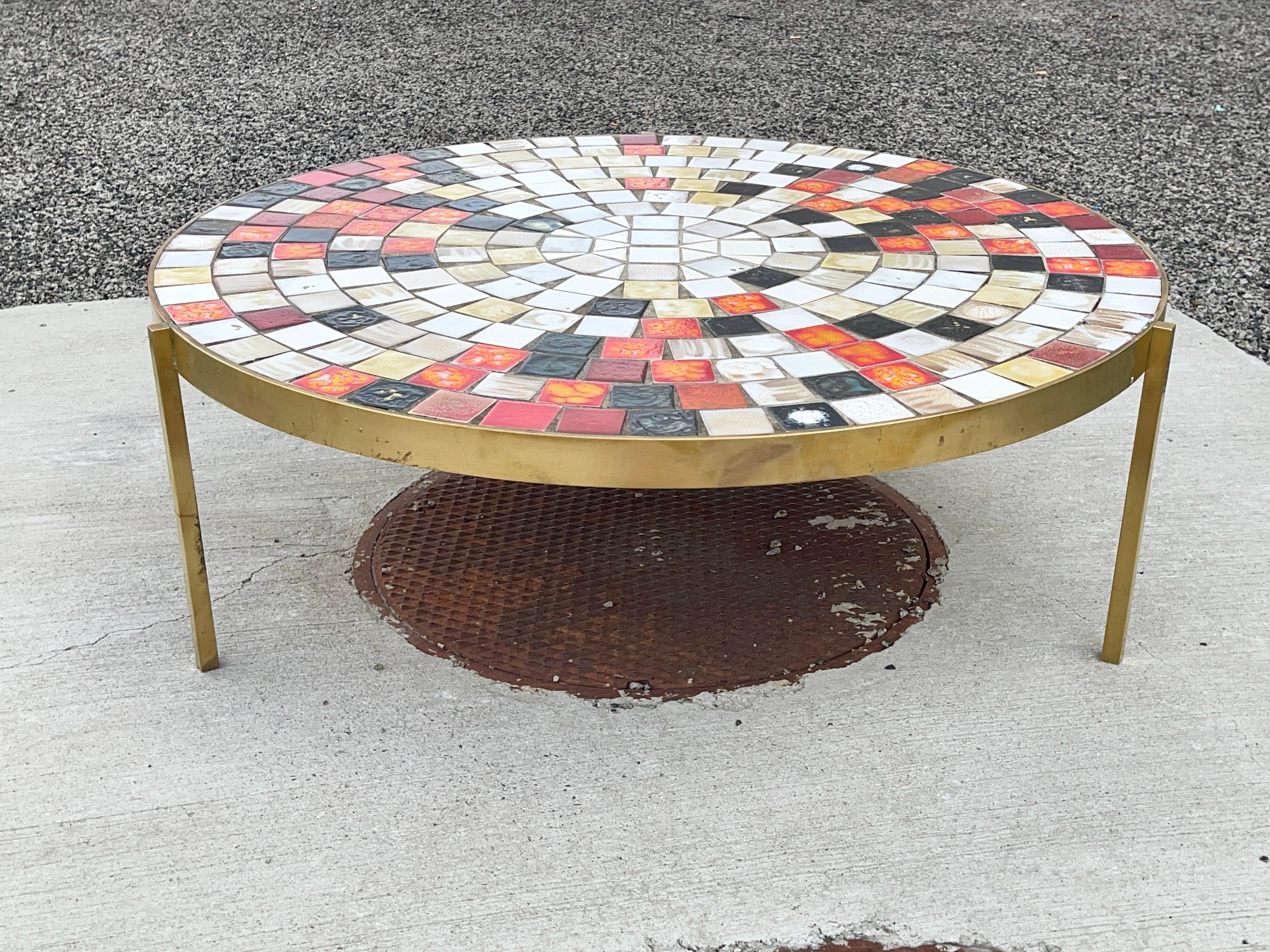 Mosaic Tile & Brass Mid-Century Cocktail Table by Mosaic House In Good Condition For Sale In Hanover, MA