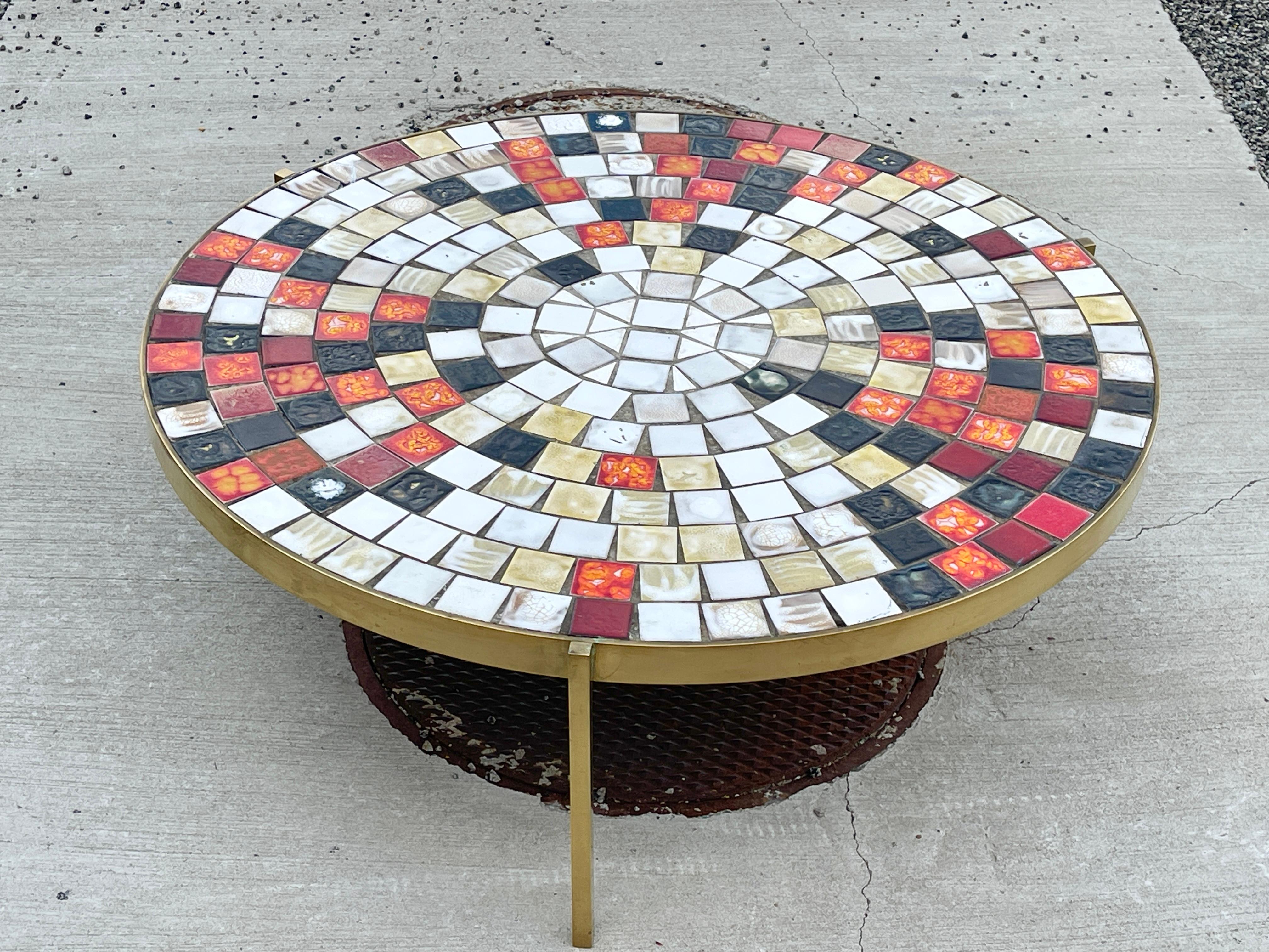 Mid-20th Century Mosaic Tile & Brass Mid-Century Cocktail Table by Mosaic House For Sale