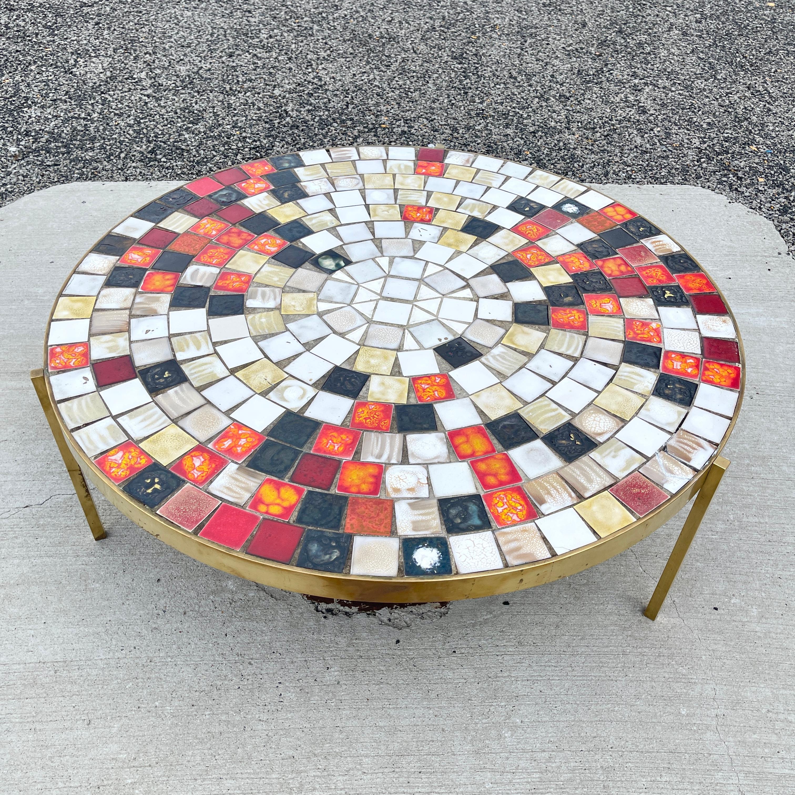 Mosaic Tile & Brass Mid-Century Cocktail Table by Mosaic House For Sale 2