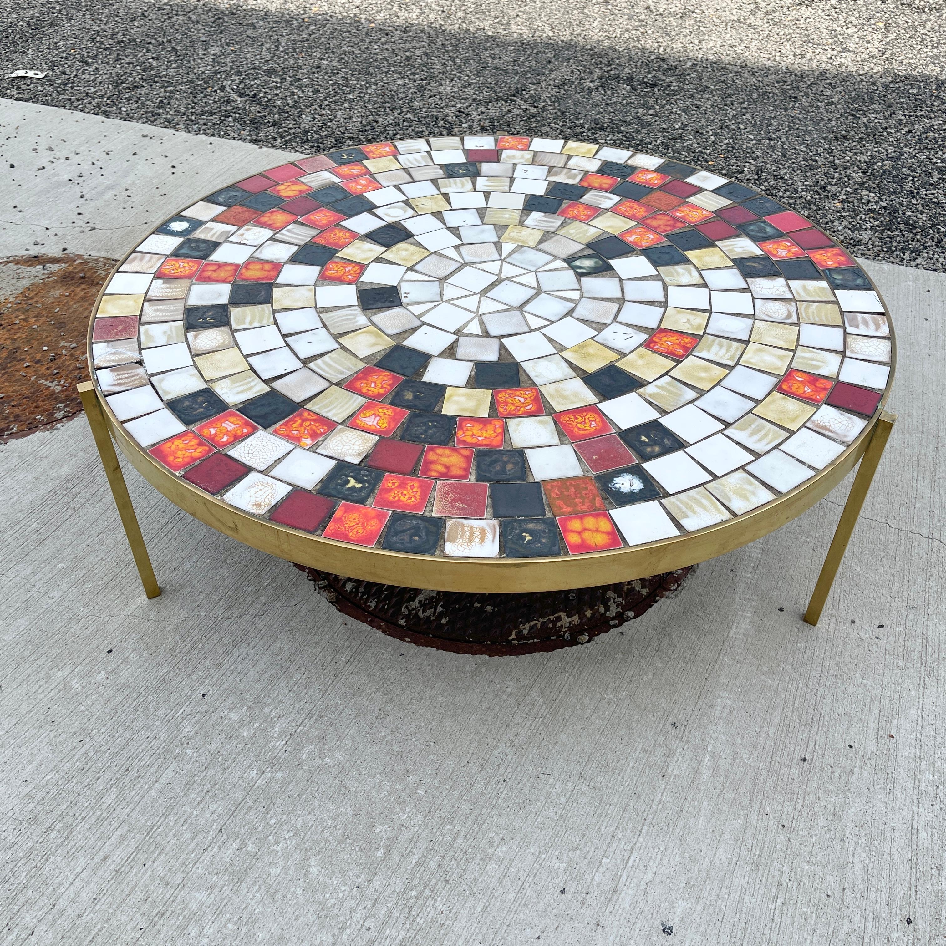 Mosaic Tile & Brass Mid-Century Cocktail Table by Mosaic House For Sale 3