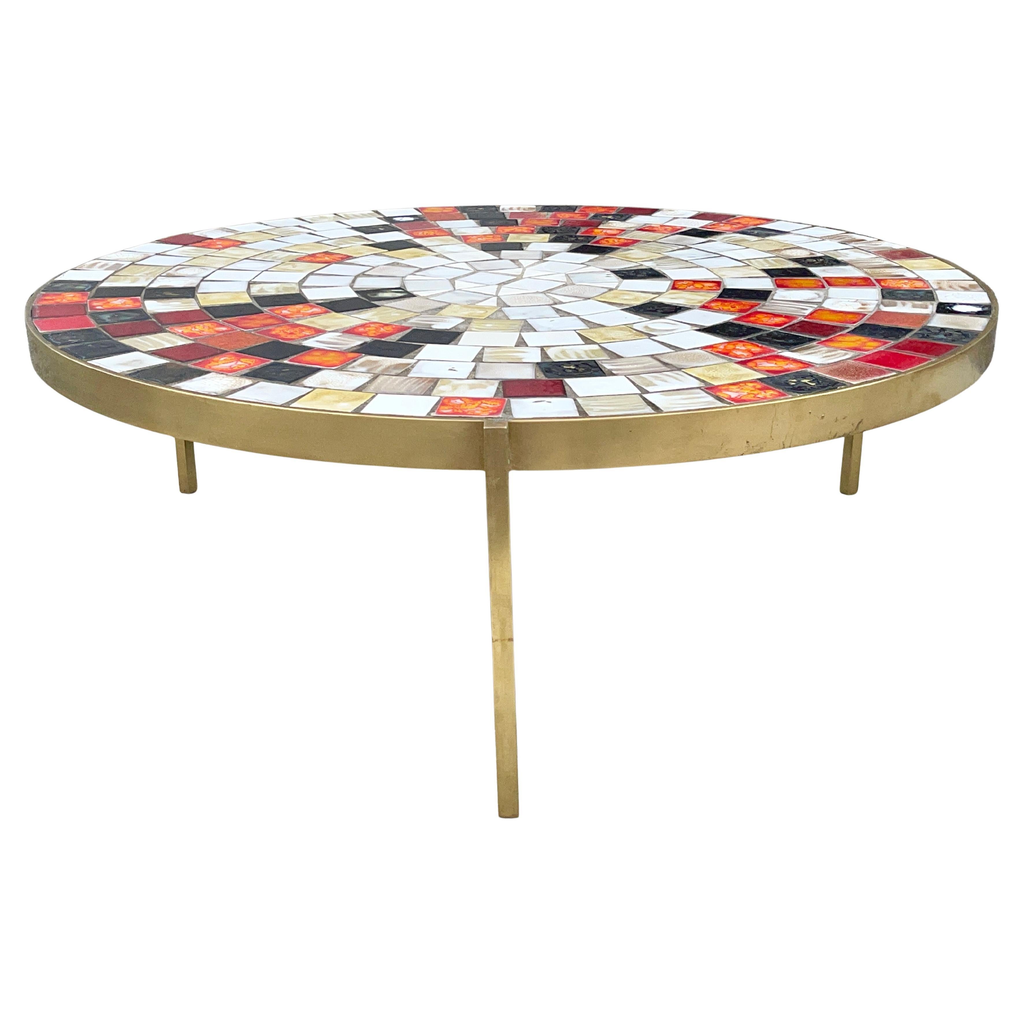 Mosaic Tile & Brass Mid-Century Cocktail Table by Mosaic House For Sale