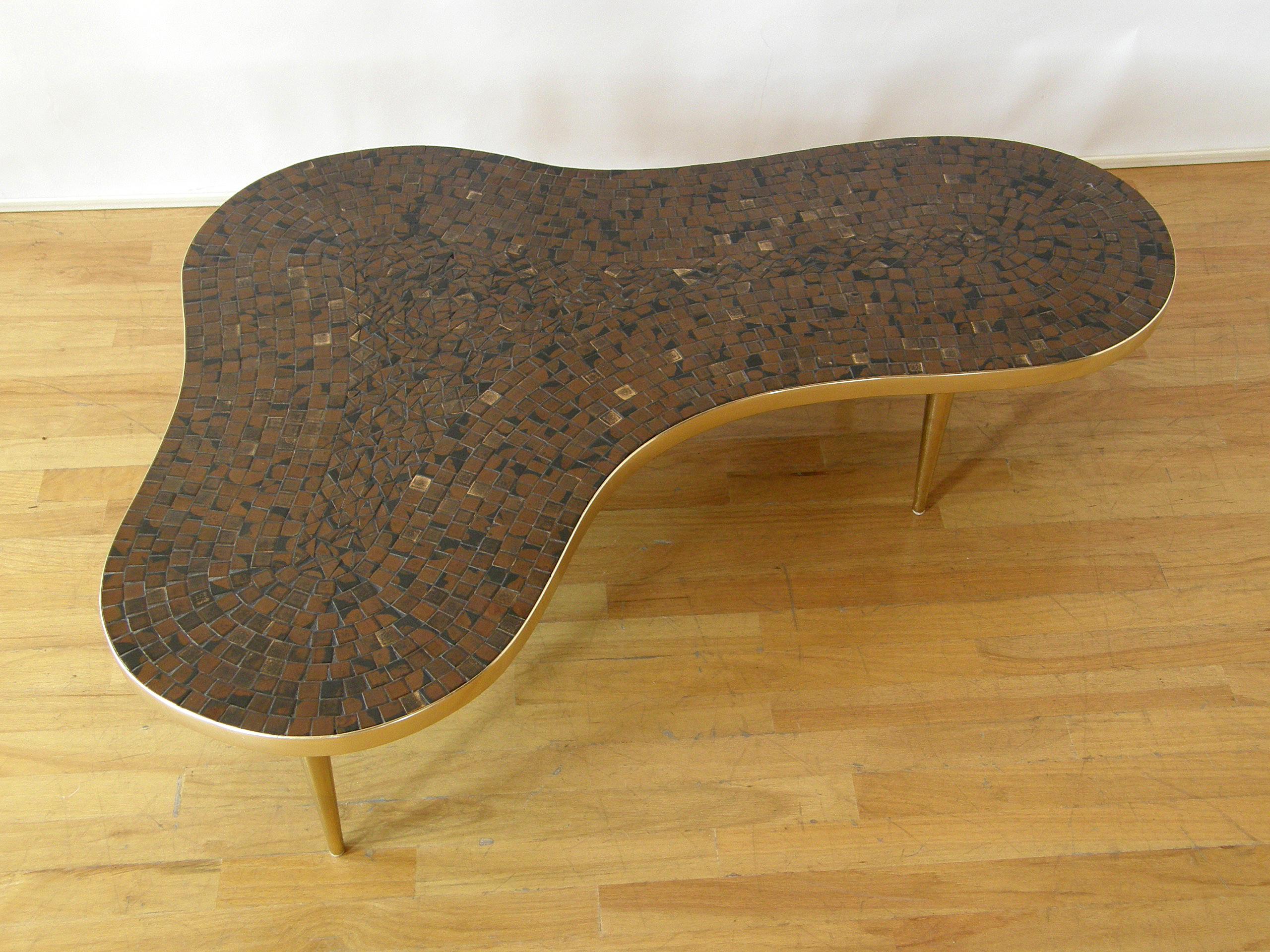 Mid-Century Modern Mosaic Tile Coffee or Cocktail Table with Freeform Top and Tapering Brass Legs