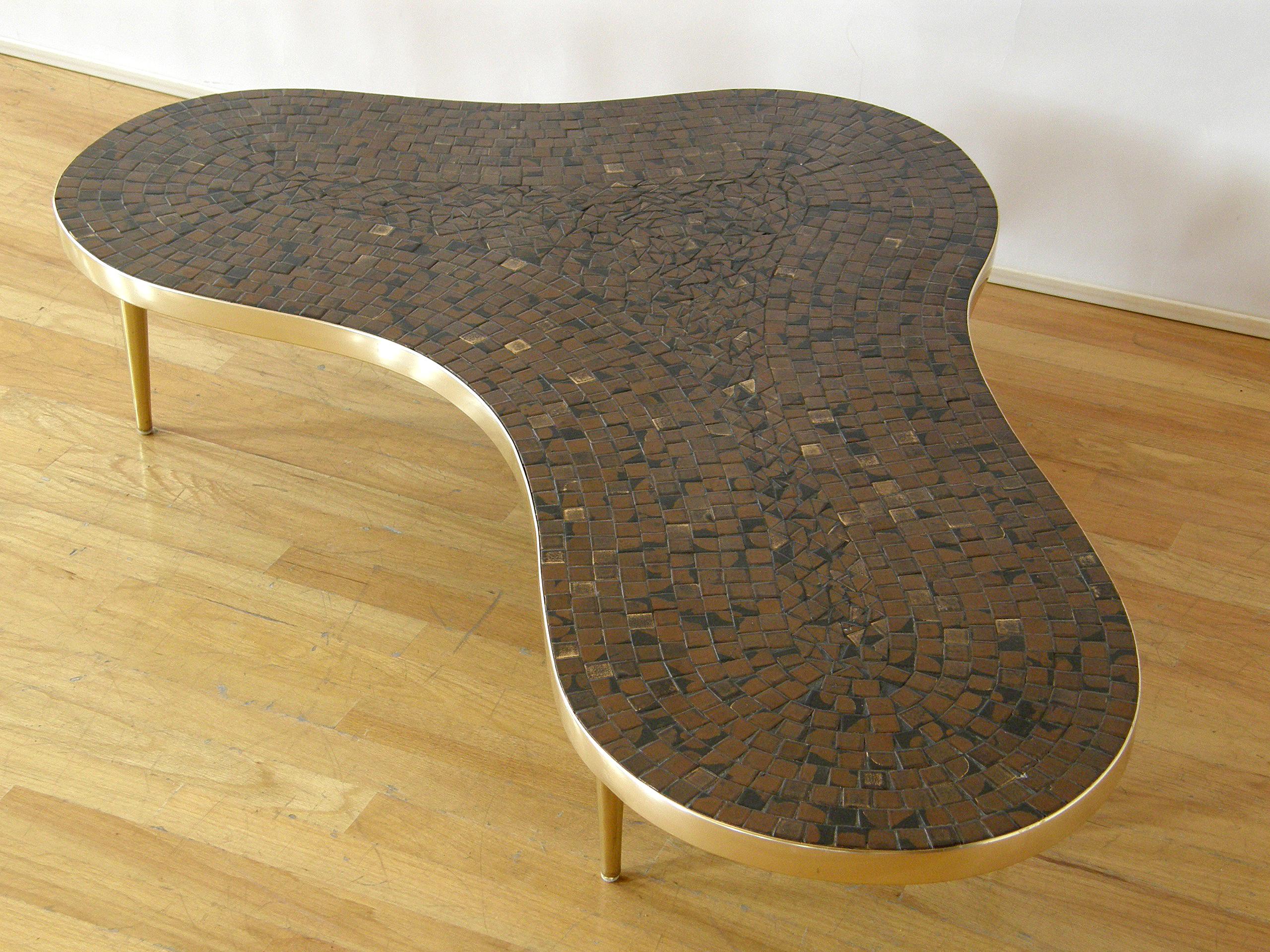 Ceramic Mosaic Tile Coffee or Cocktail Table with Freeform Top and Tapering Brass Legs