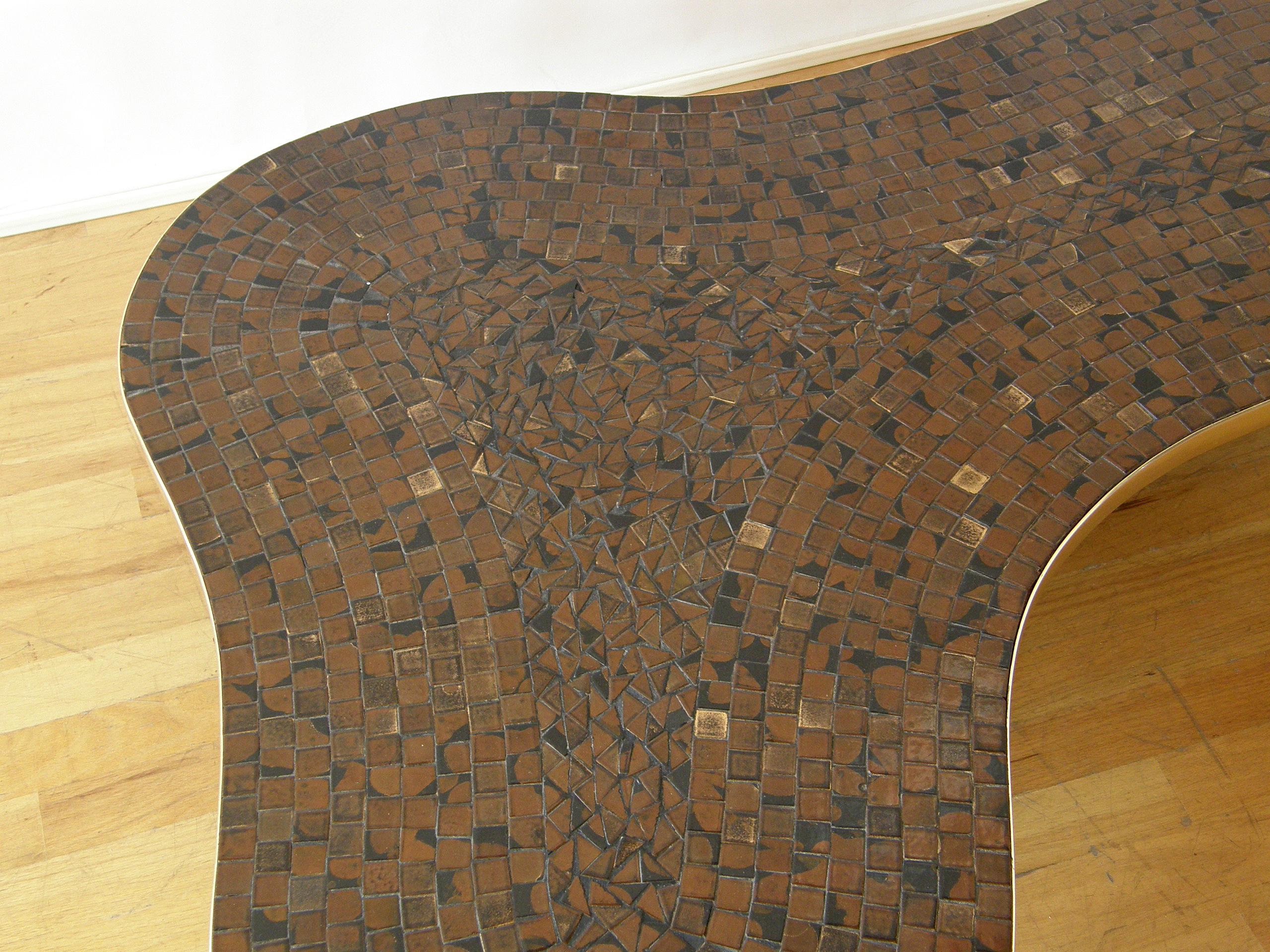 Mosaic Tile Coffee or Cocktail Table with Freeform Top and Tapering Brass Legs 1