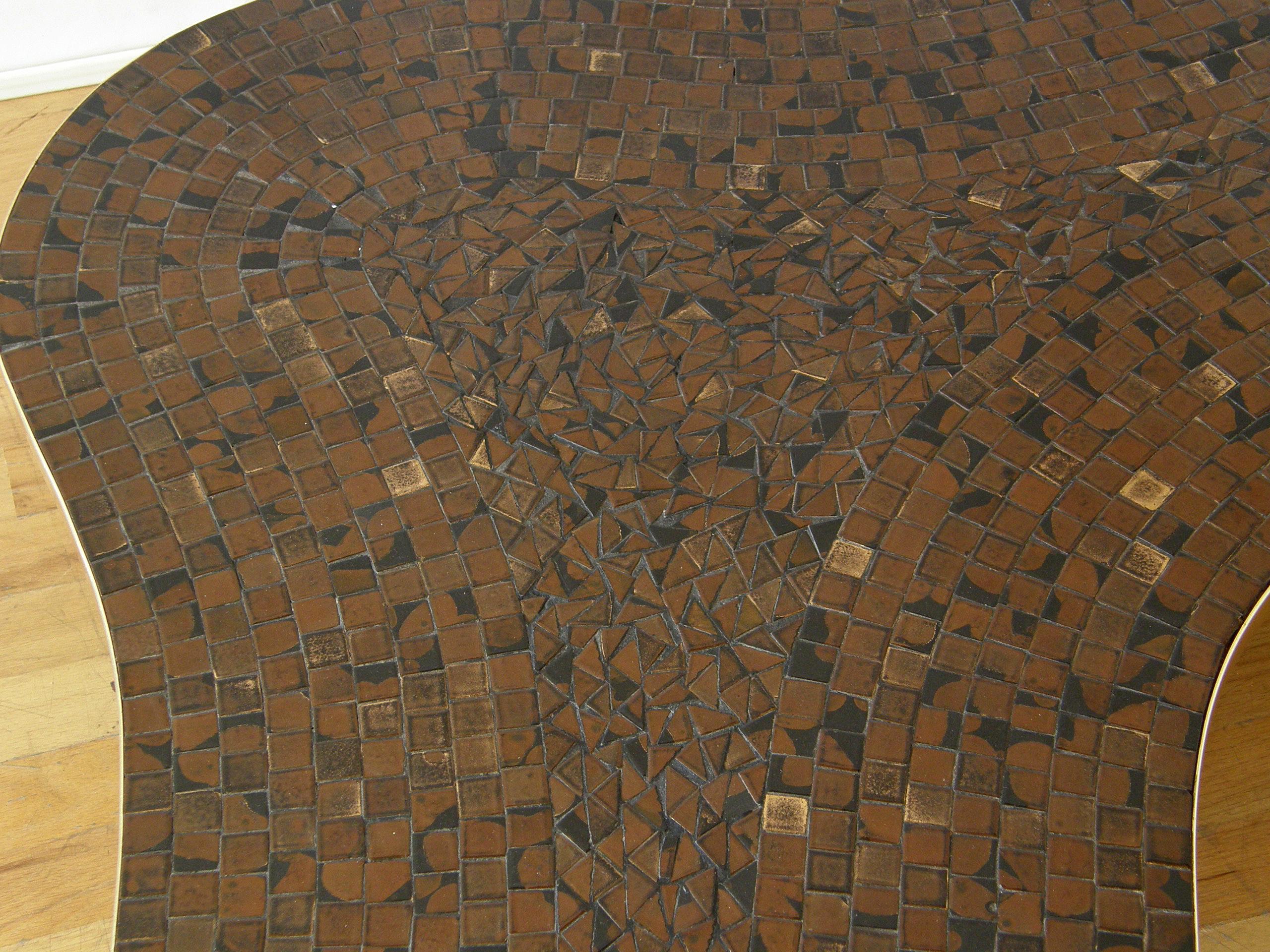 Mosaic Tile Coffee or Cocktail Table with Freeform Top and Tapering Brass Legs 2