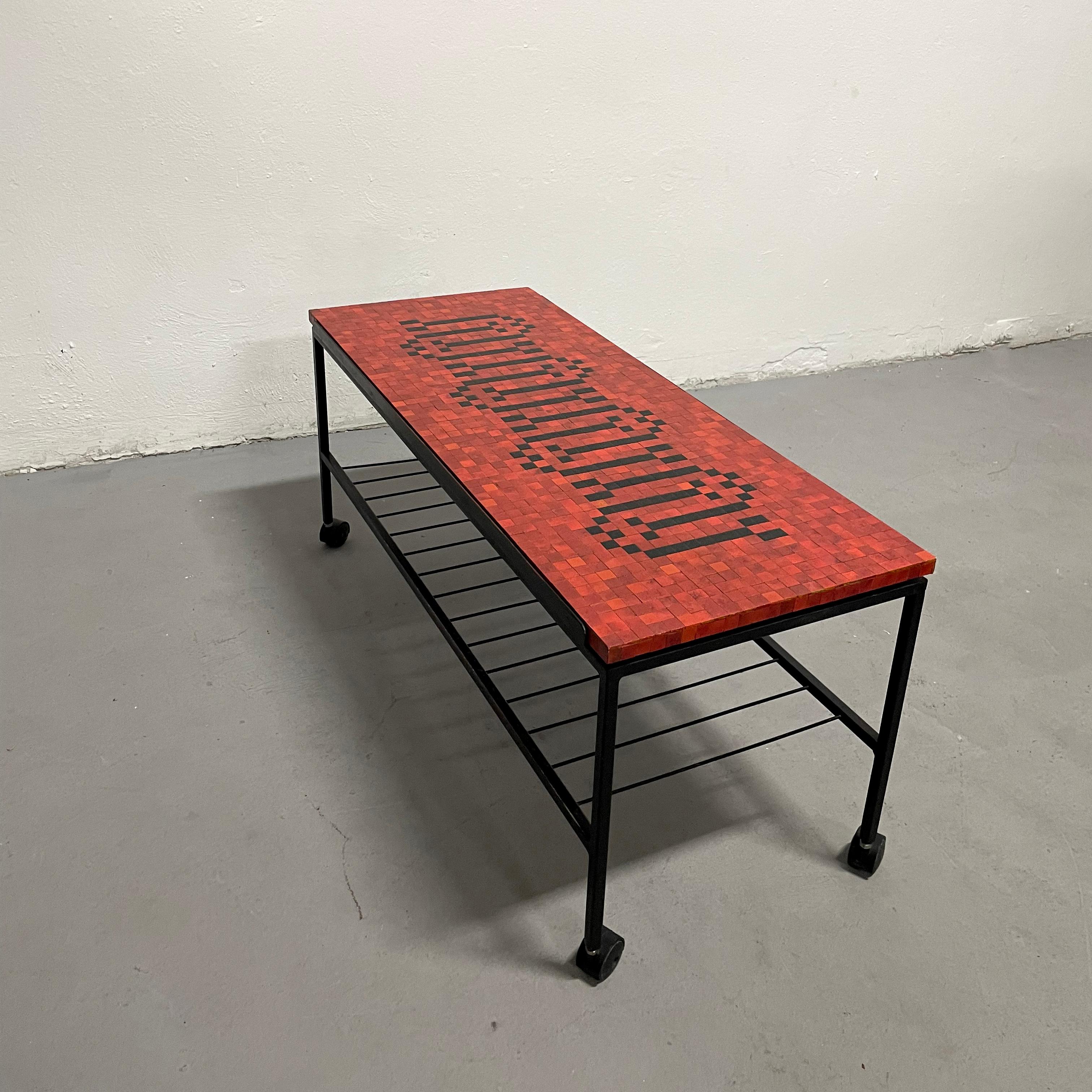Mosaic Tile Coffee Table, Serving Bar Cart, Metal and Ceramic, 1950s For Sale 2