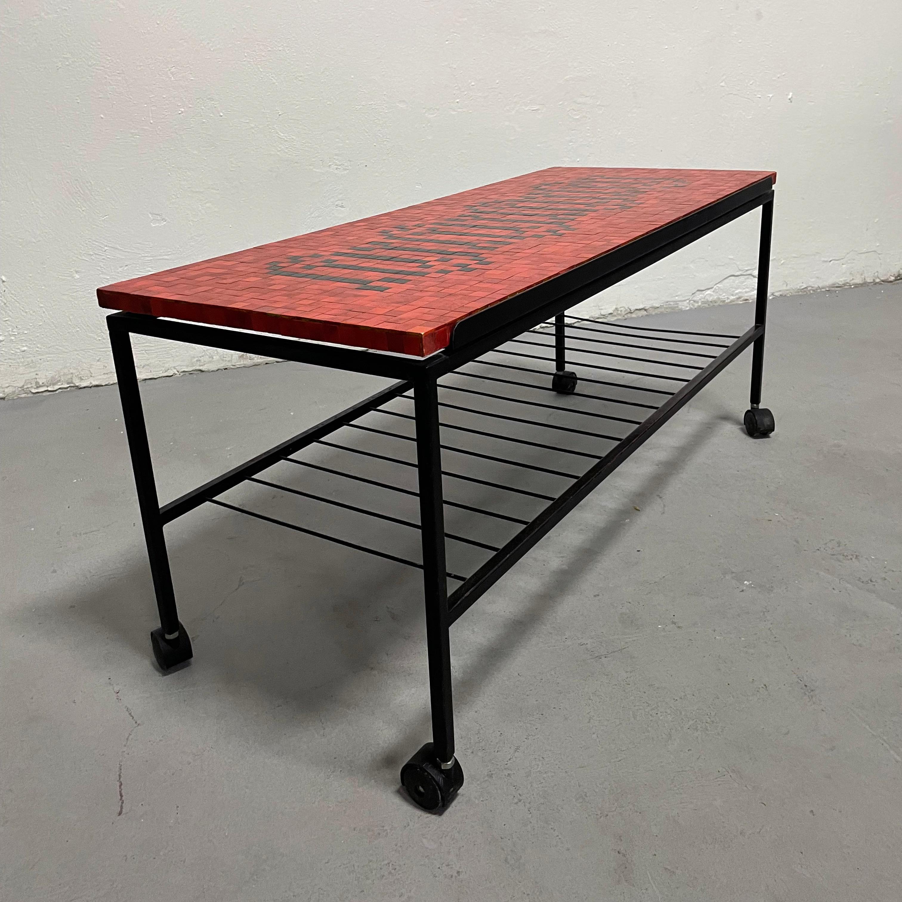 Glazed Mosaic Tile Coffee Table, Serving Bar Cart, Metal and Ceramic, 1950s For Sale
