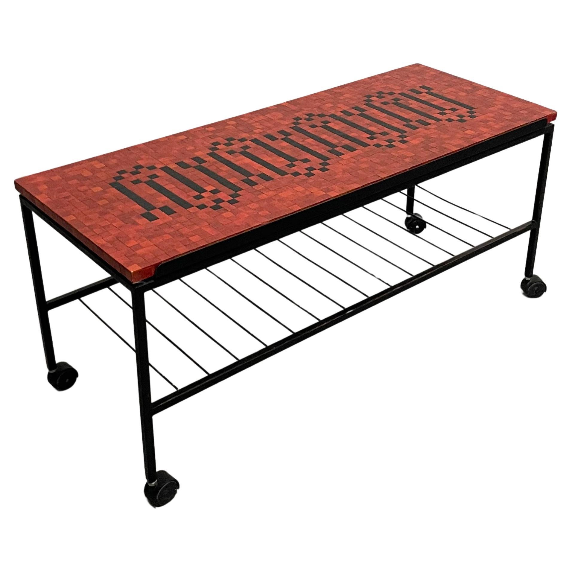Mosaic Tile Coffee Table, Serving Bar Cart, Metal and Ceramic, 1950s For Sale