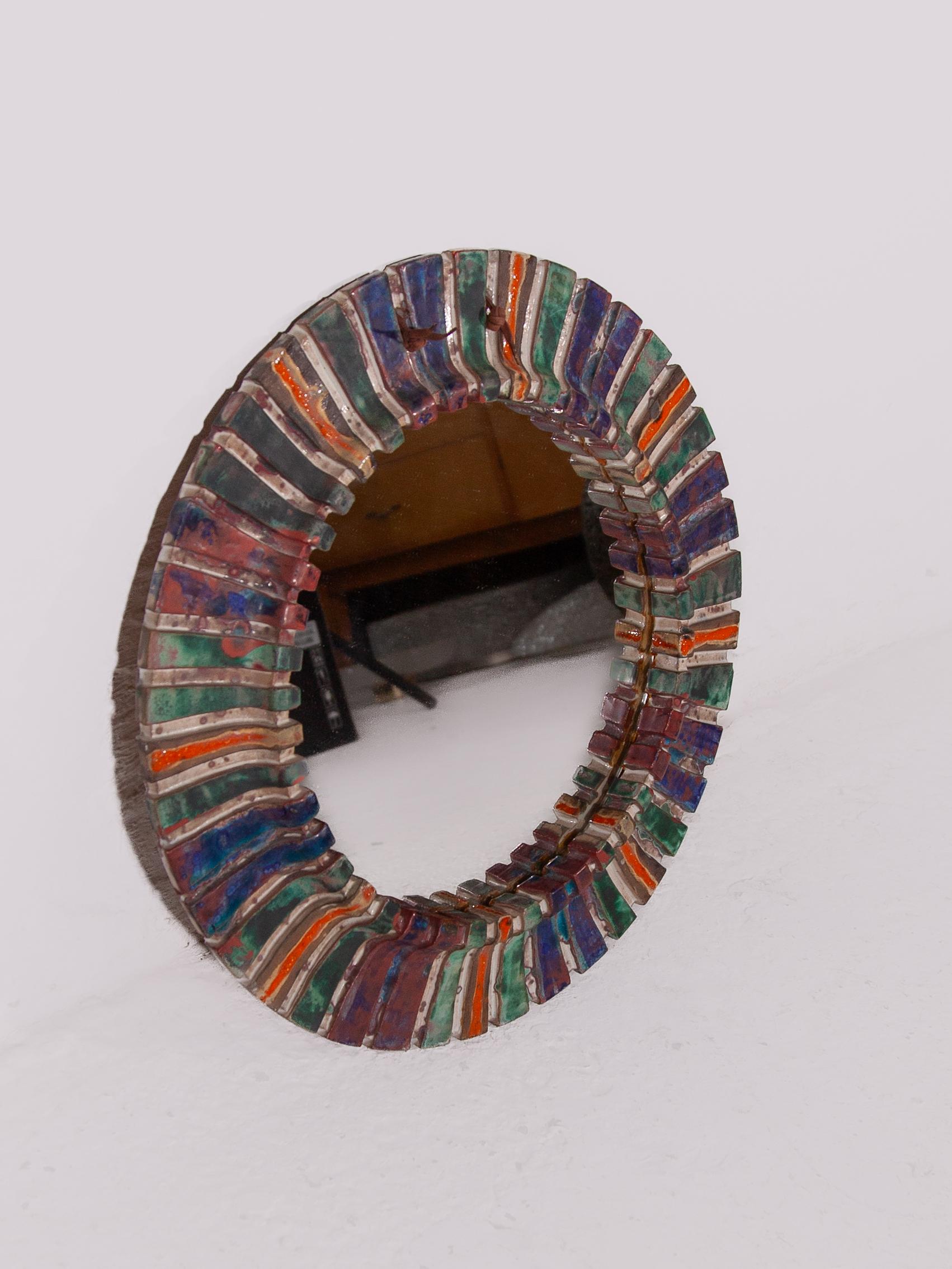 Glazed Mosaic Tile Round Mirror France 1960 Vallauris For Sale