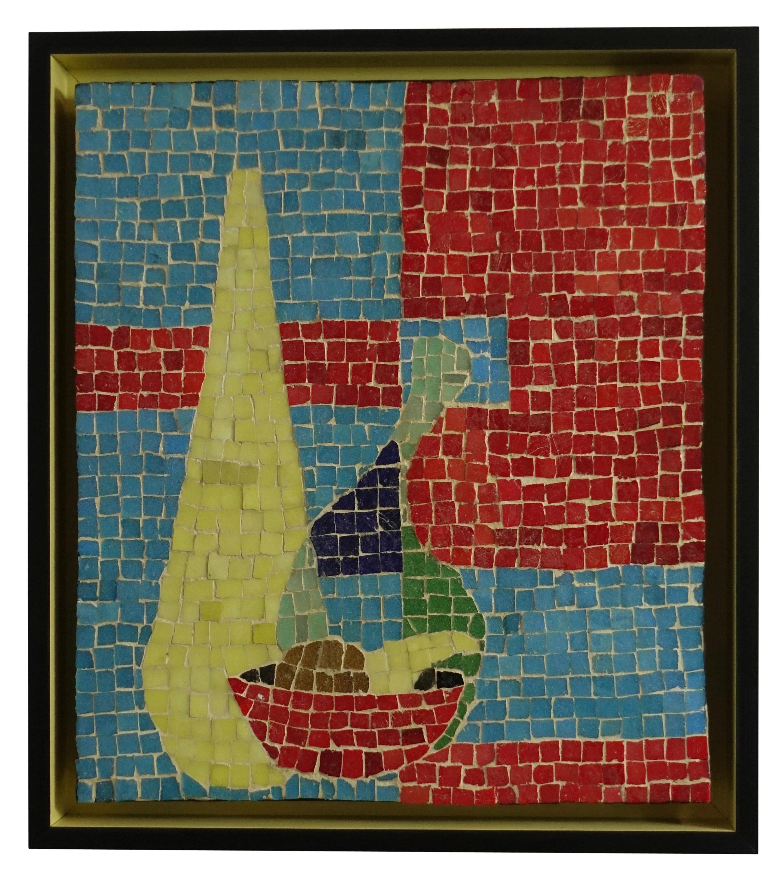 An unusual and lovely bright mosaic tile Still Life mounted on panel from the 1950s-1960s. Recently custom framed in a shadowbox mounting.
American, mid-20th century.