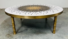 Mosaic Tile Sunburst Round Cocktail Table Over Faux Bamboo Brass Legs