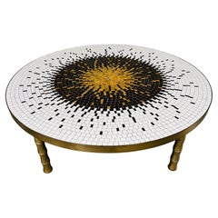 Vintage Mosaic Tile Sunburst Round Cocktail Table Over Faux Bamboo Brass Legs