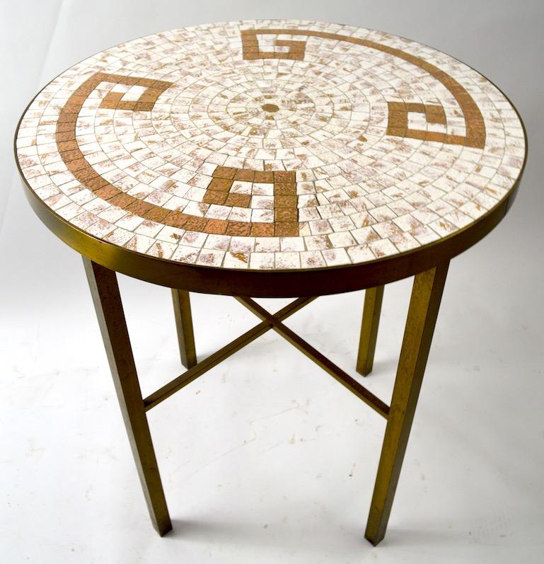 Mid-Century Modern Mosaic Tile Top Table with Brass Legs For Sale