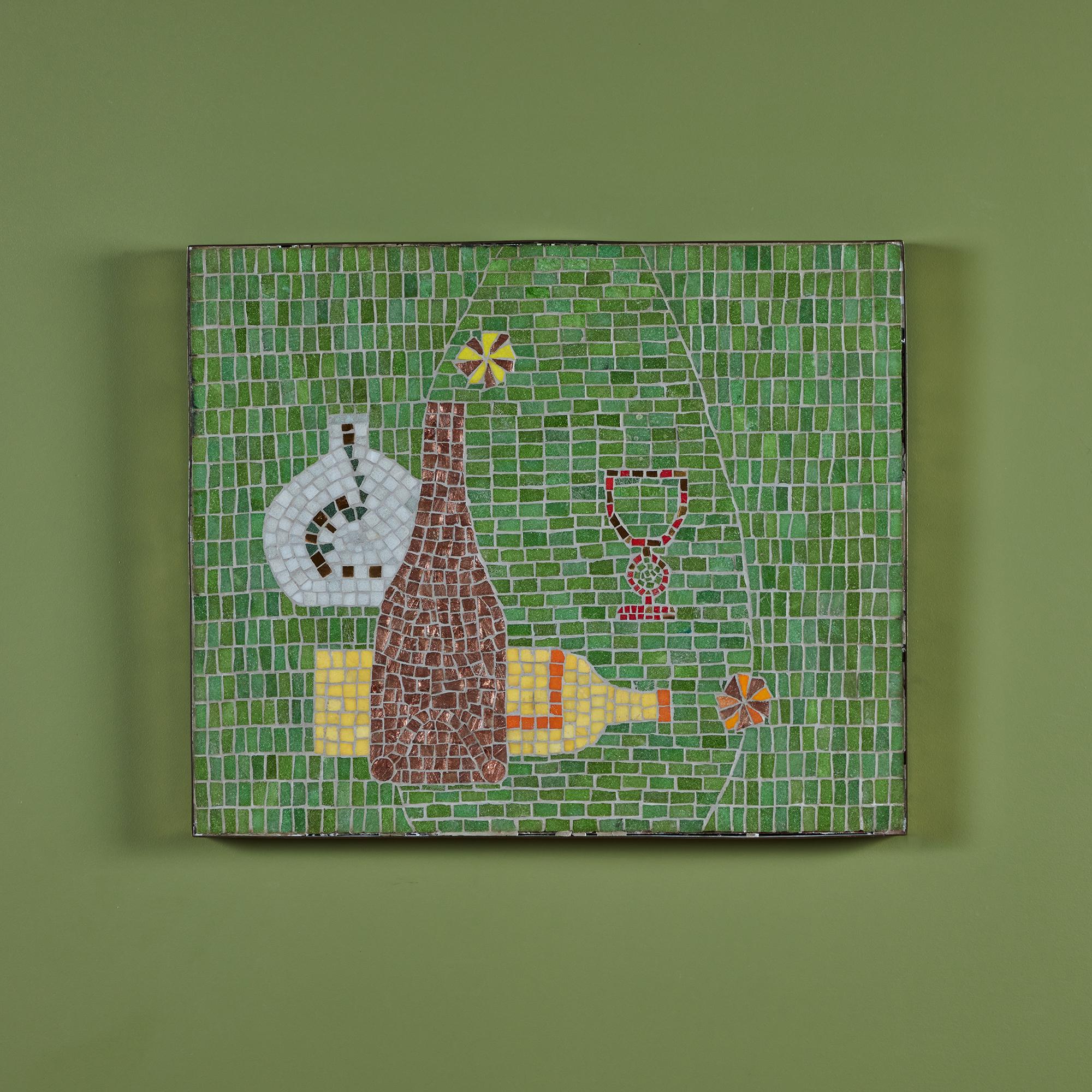 Mosaic tile art piece in the style of Evelyn Ackerman. This piece is composed of varying square, rectangular and round shaped ceramic glazed tiles which make up a playful bottle scene. The colors range from bright hues of green and yellow to more