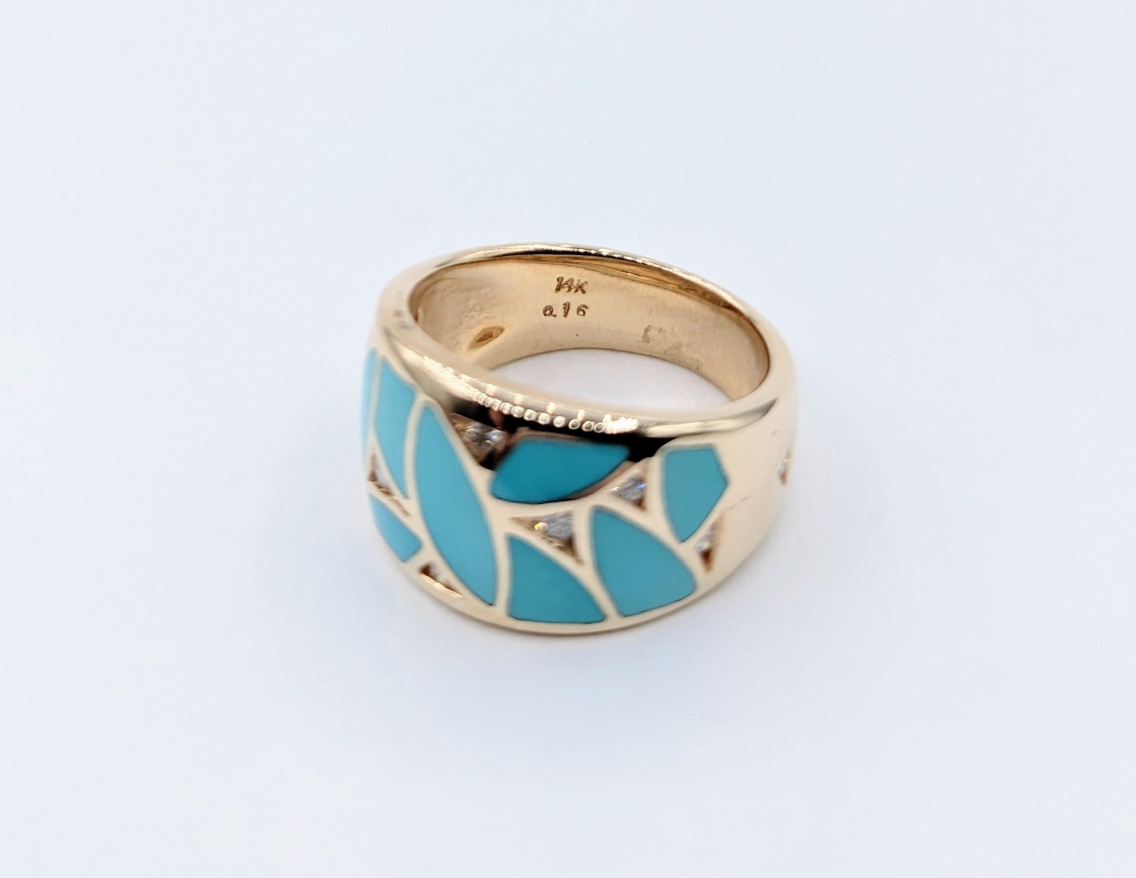 Mosaic Wide Inlaid Turquoise & Diamond Band Ring

Exquisite in its design, this ring is sculpted from 14k yellow gold and highlights .16ctw round diamonds. The diamonds, sparkling brightly, boast an SI1 clarity and a radiant G-H color. Complementing