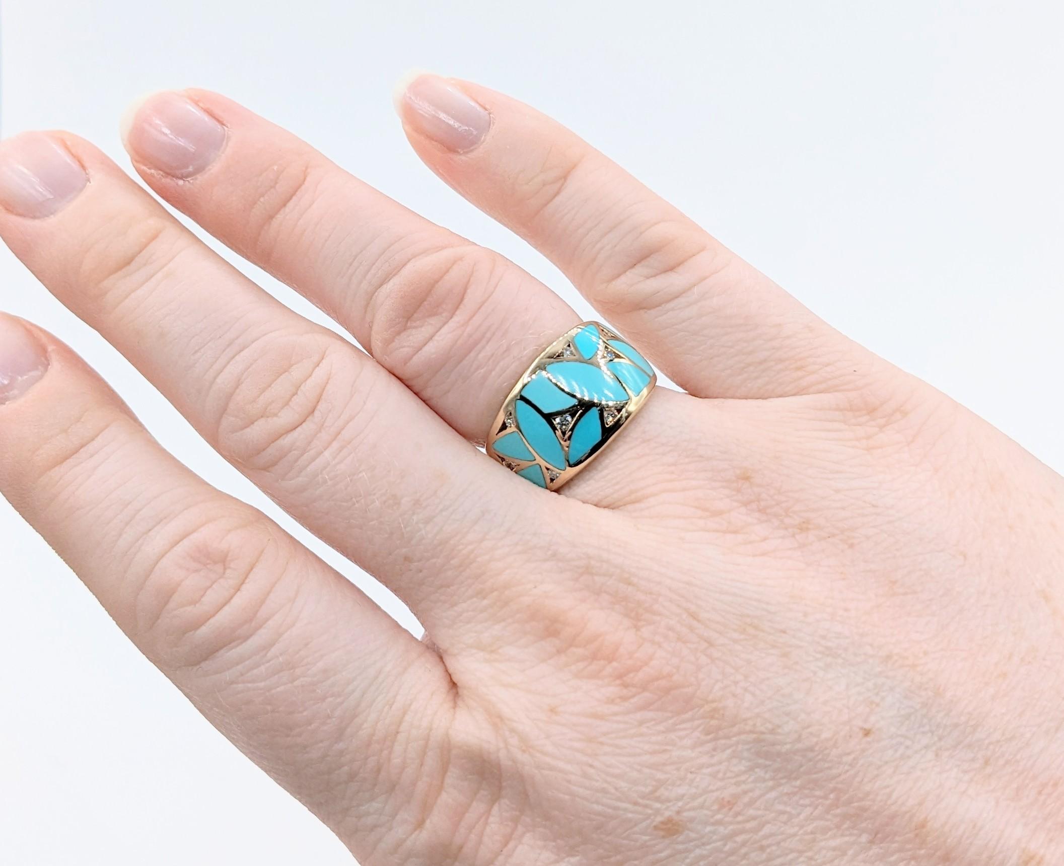 Modernist Mosaic Wide Inlaid Turquoise & Diamond Band Ring
