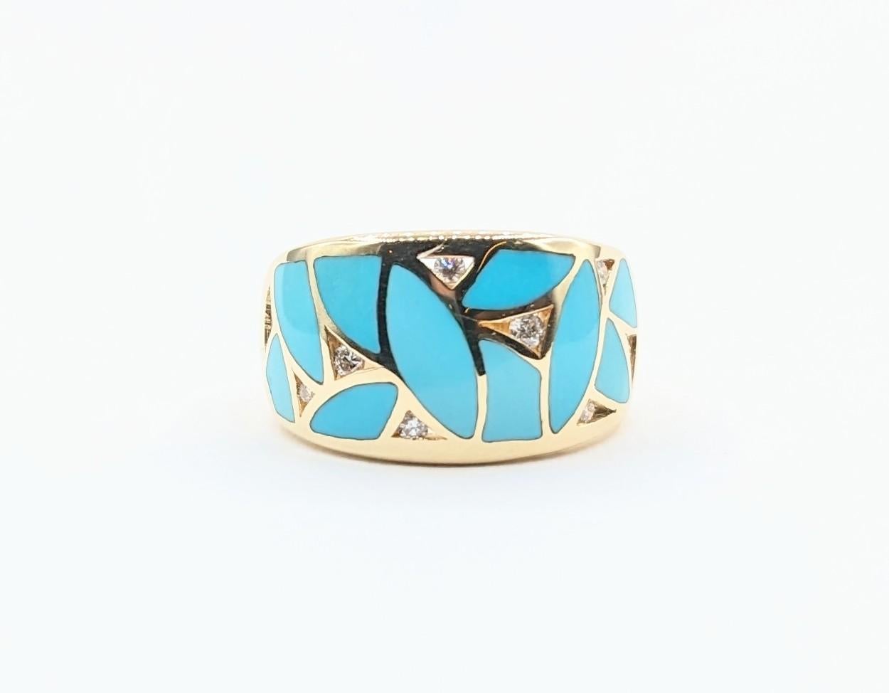 Mosaic Wide Inlaid Turquoise & Diamond Band Ring In Excellent Condition In Bloomington, MN