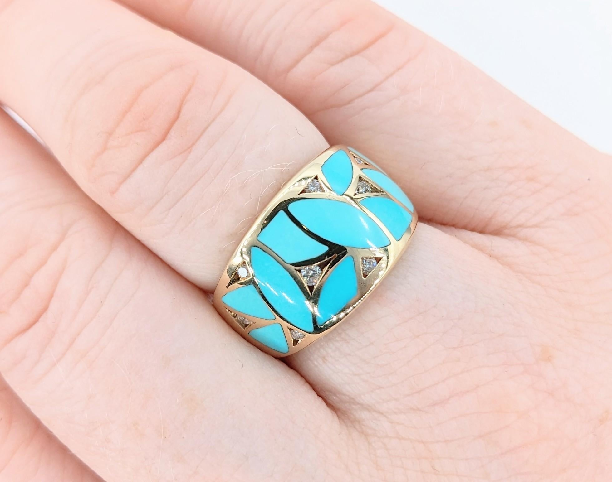Women's Mosaic Wide Inlaid Turquoise & Diamond Band Ring