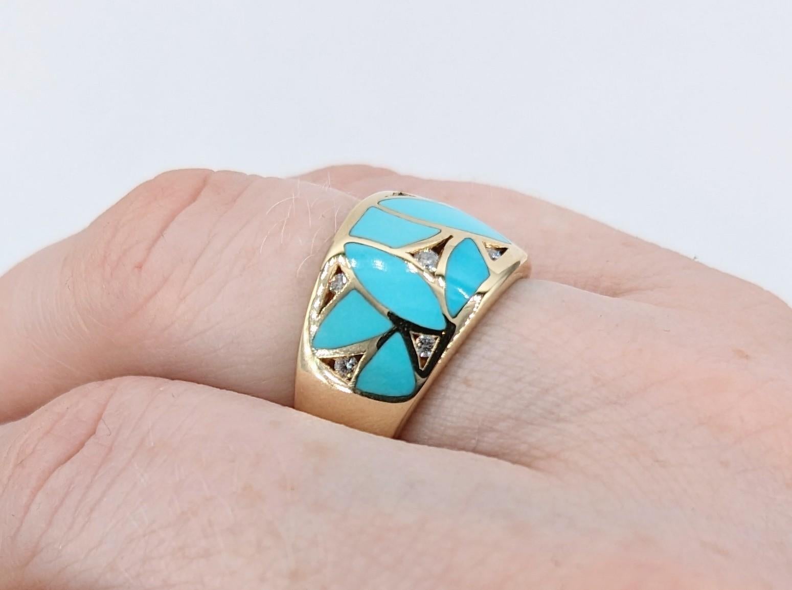 Mosaic Wide Inlaid Turquoise & Diamond Band Ring 1