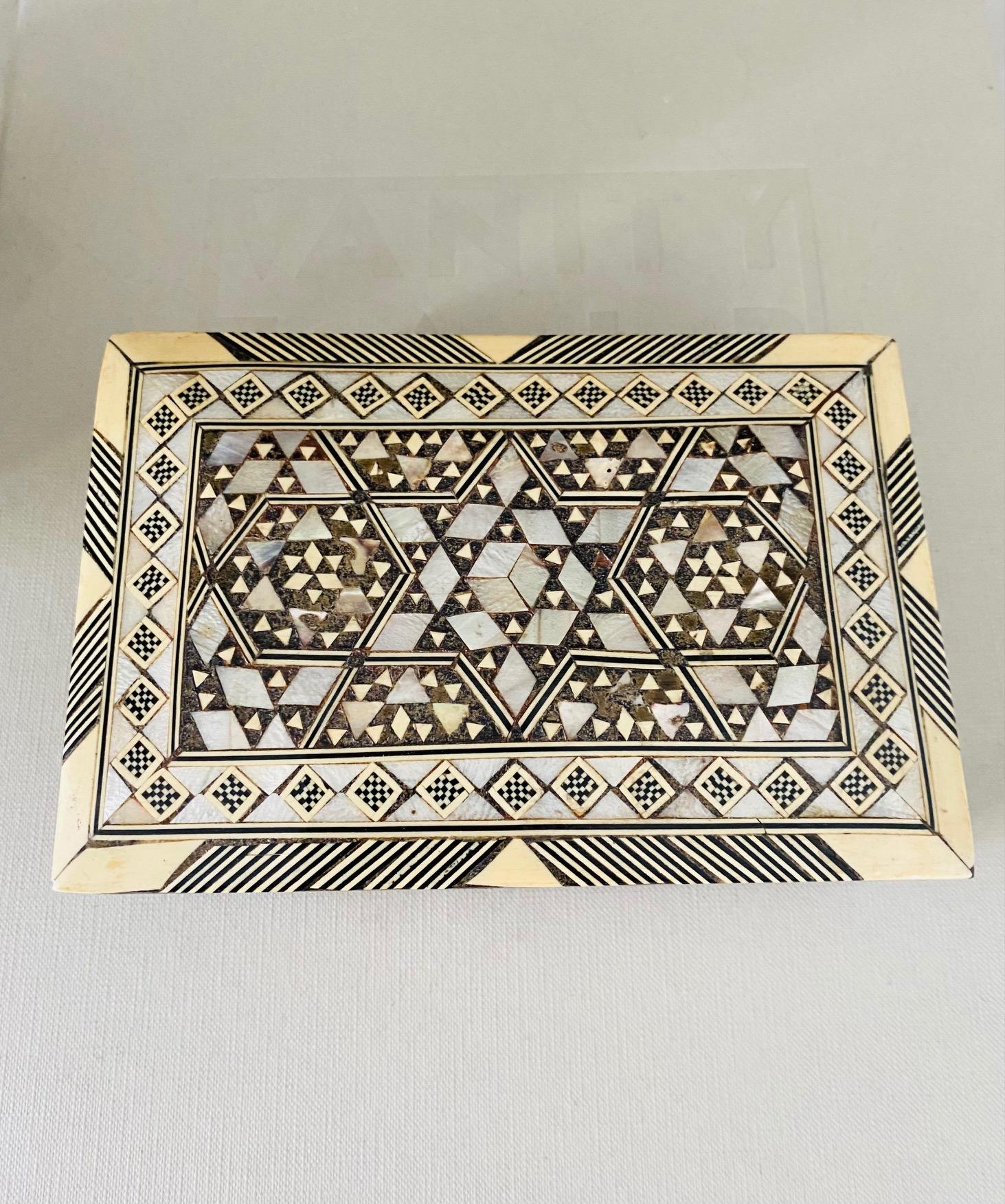 Mosaic Wood Box with Inlays of Bone and Mother of Pearl, Middle East, C. 1950s 2