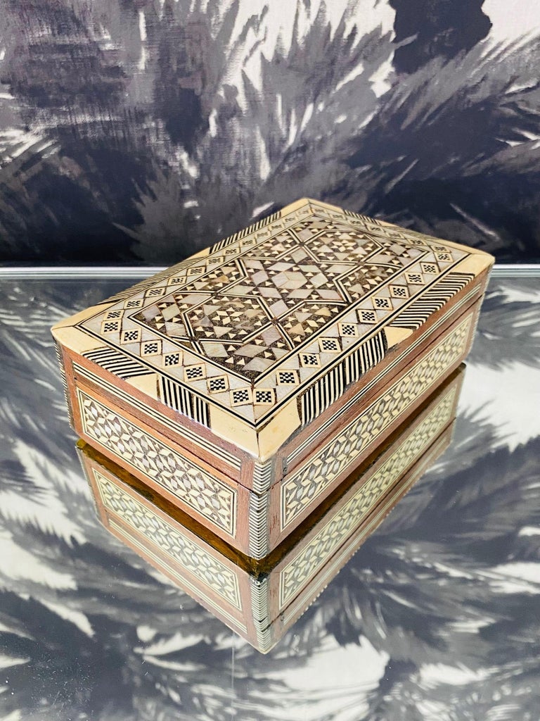 Moorish Mosaic Wood Box with Inlays of Bone and Mother of Pearl, Middle East, C. 1950s