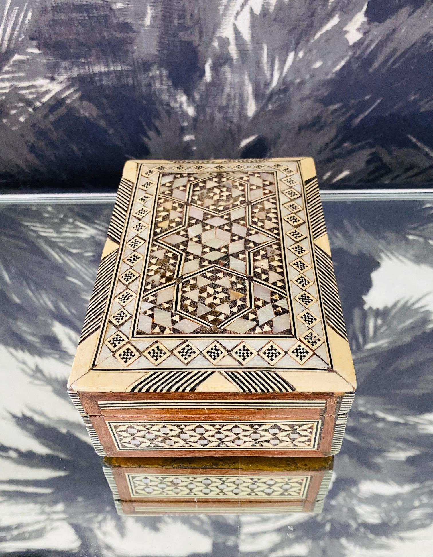 Moorish Mosaic Wood Box with Inlays of Bone and Mother of Pearl, Middle East, C. 1950s