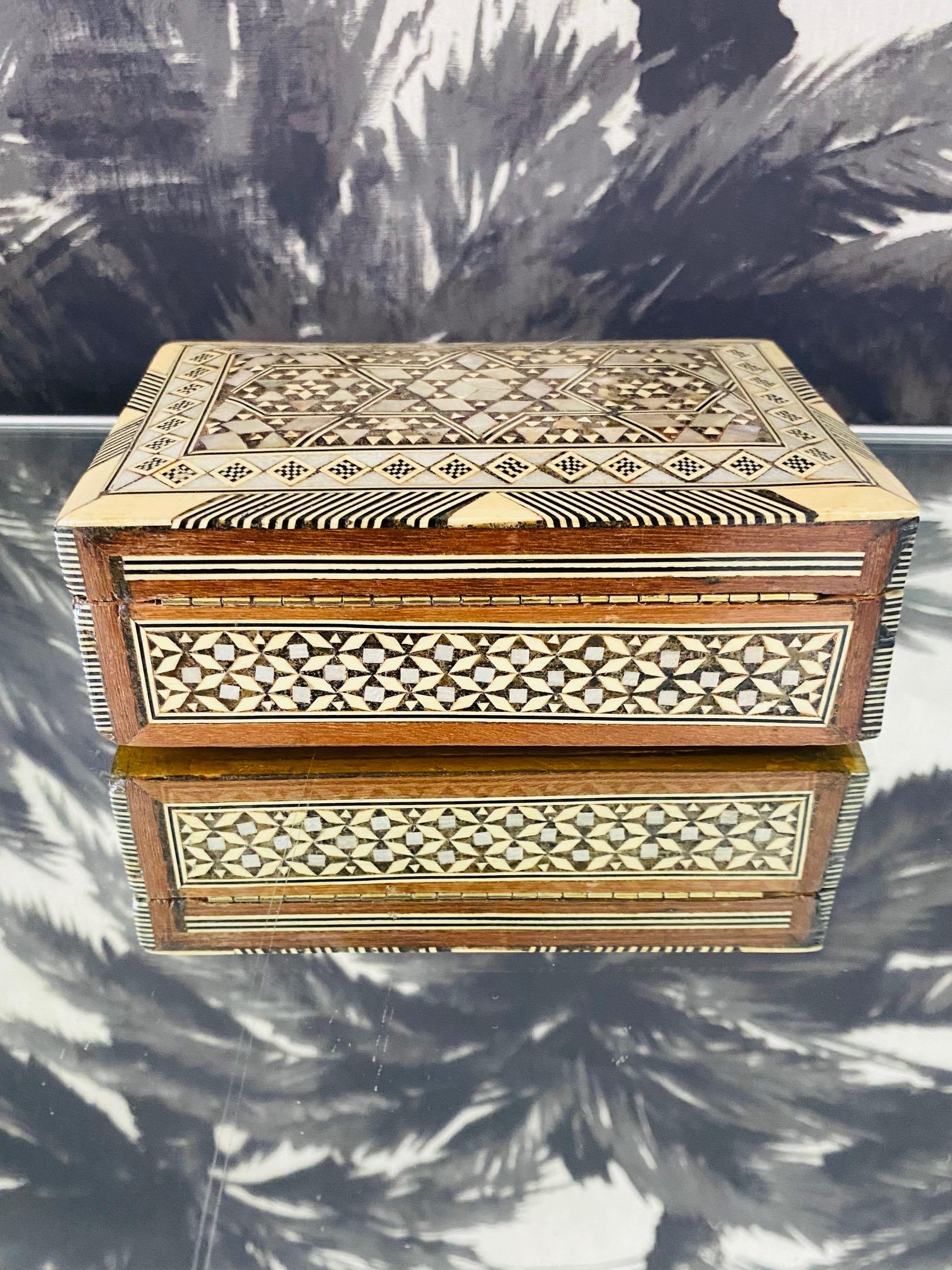 Hand-Carved Mosaic Wood Box with Inlays of Bone and Mother of Pearl, Middle East, C. 1950s