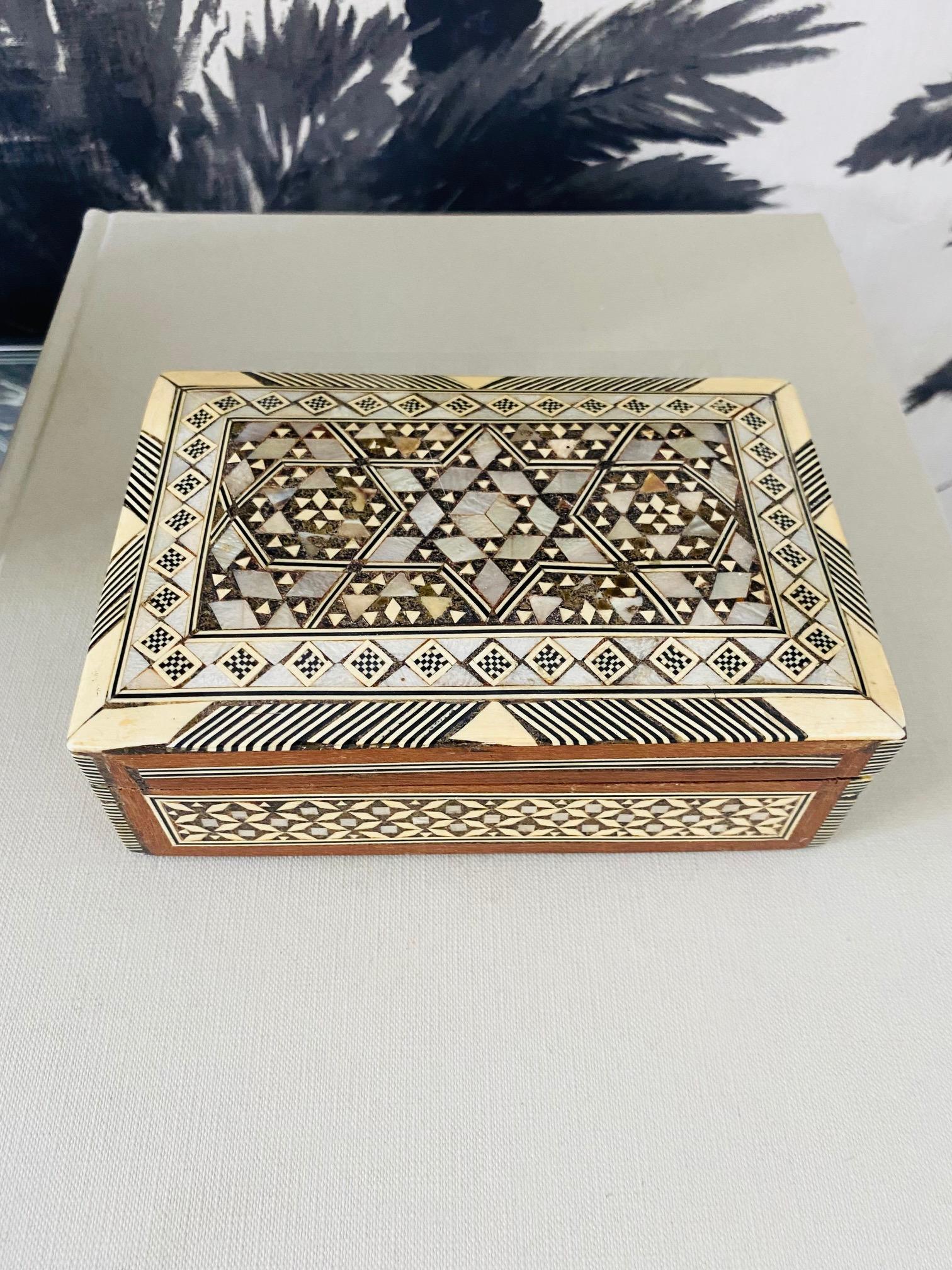 Mosaic Wood Box with Inlays of Bone and Mother of Pearl, Middle East, C. 1950s 1