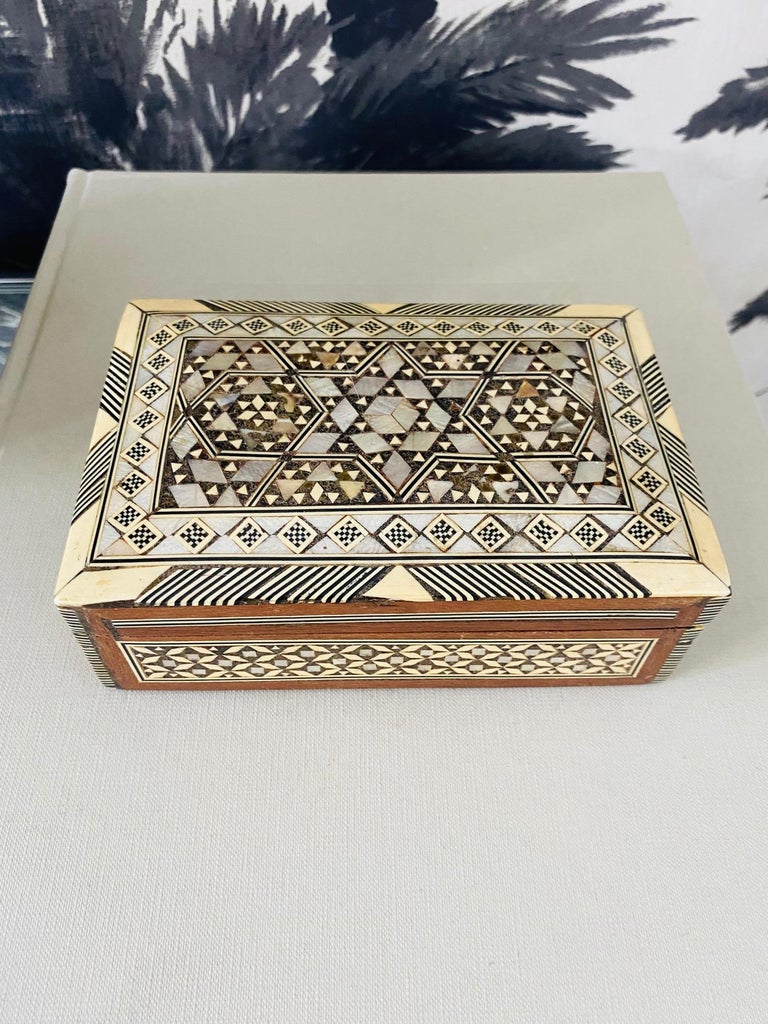 Mosaic Wood Box with Inlays of Bone and Mother of Pearl, Middle East, C. 1950s 2