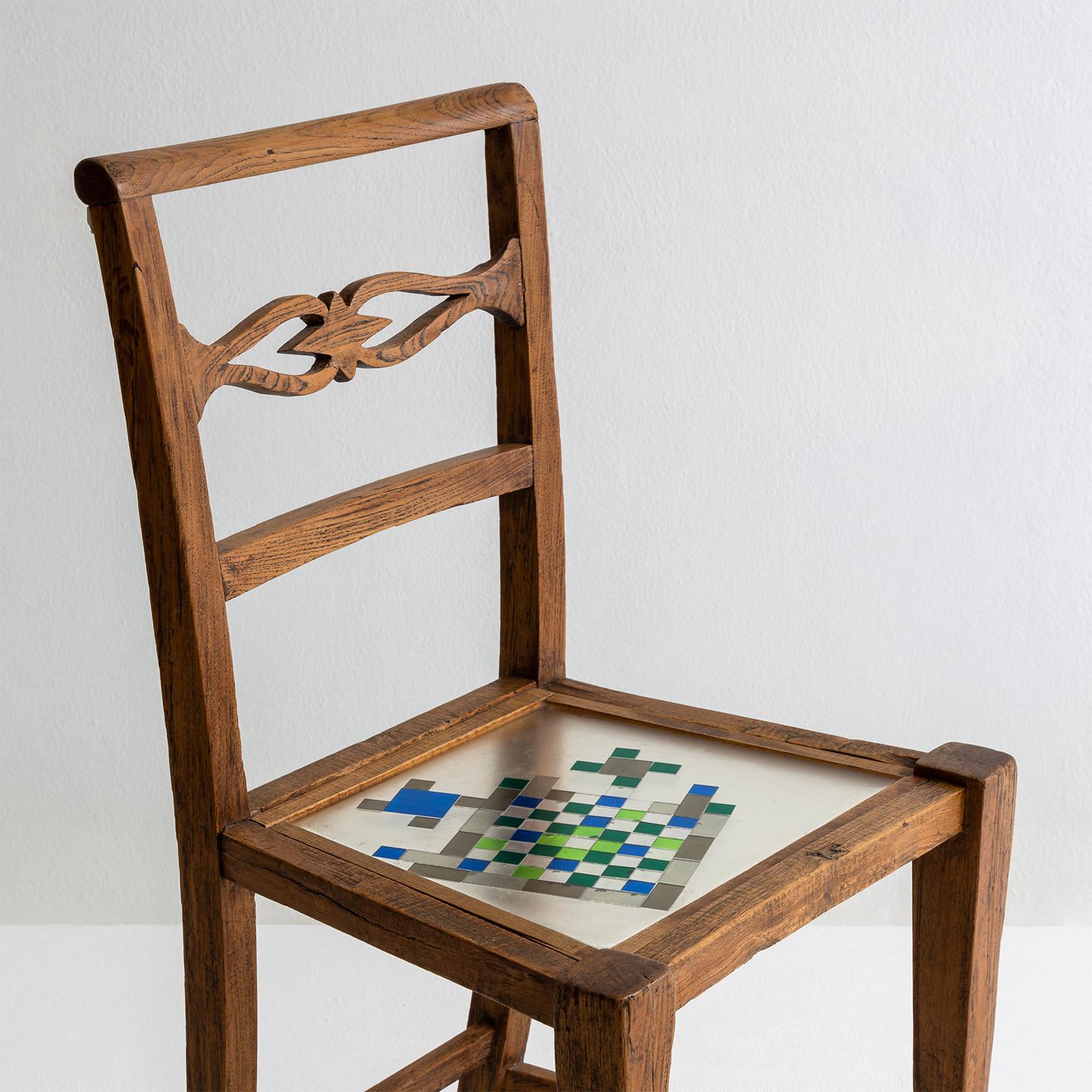 Modern Mosaiced Chair in Chestnut Wood with Mosaic Seat by Hillsideout For Sale
