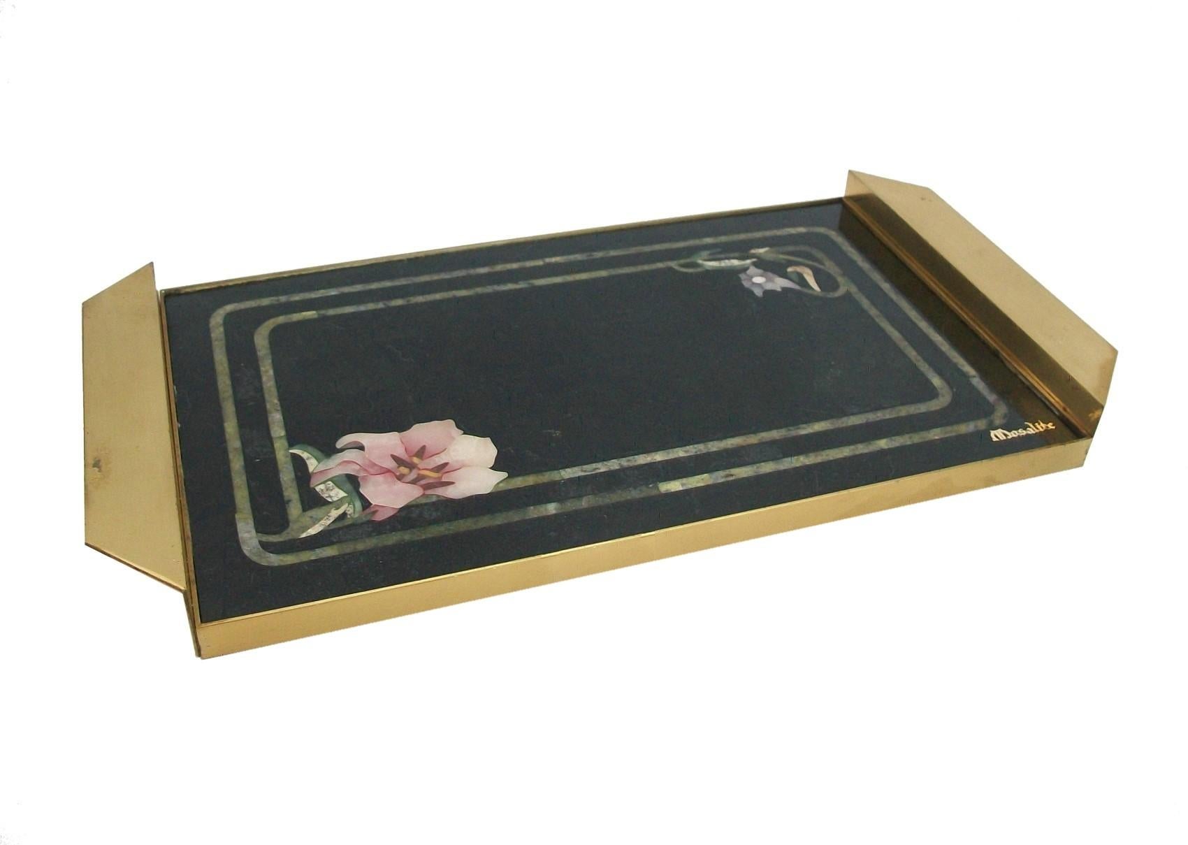MOSALITE - Fine quality and rare vintage Pietra Dura and brass tray - featuring pink and lavender floral marble inlays to two corners intertwined with a double inset green marble border with black marble background - twin handles and trim in brass -