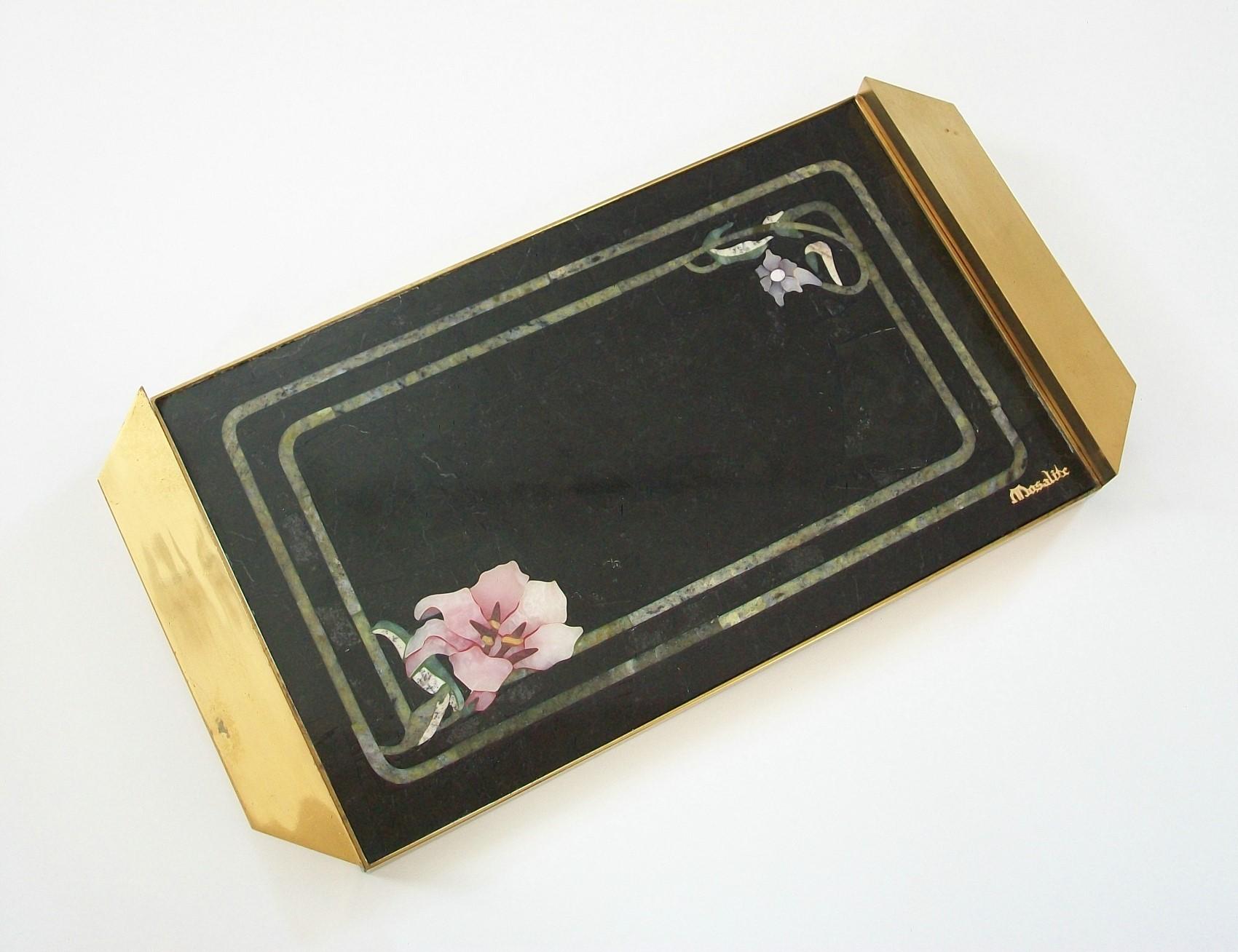 Mosalite - Fine Pietra Dura & Brass Tray, Brazil, Mid-20th Century In Good Condition In Chatham, ON