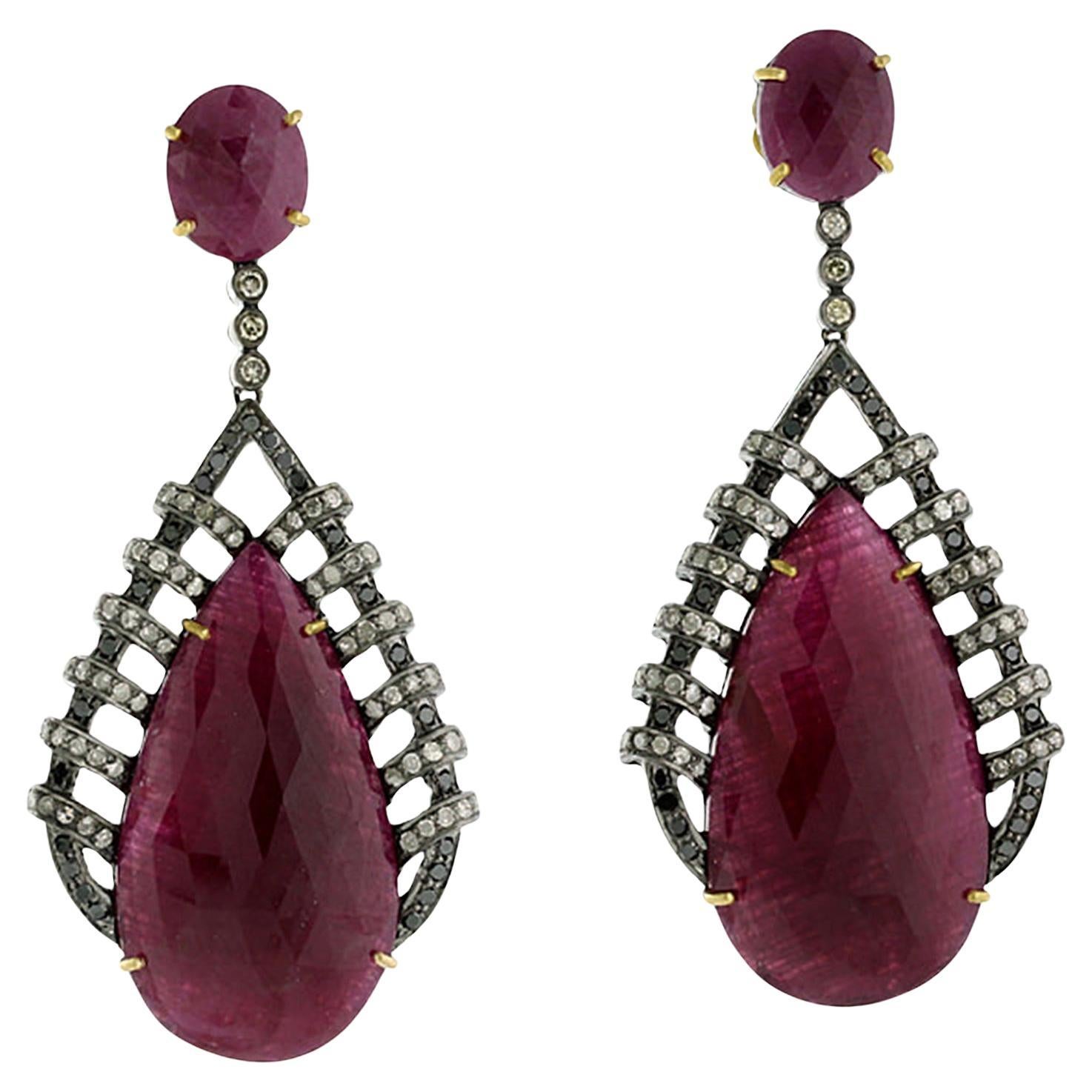 Mosambic Ruby Dangle Earrings Caged In Diamonds Made In 18k Yellow gold