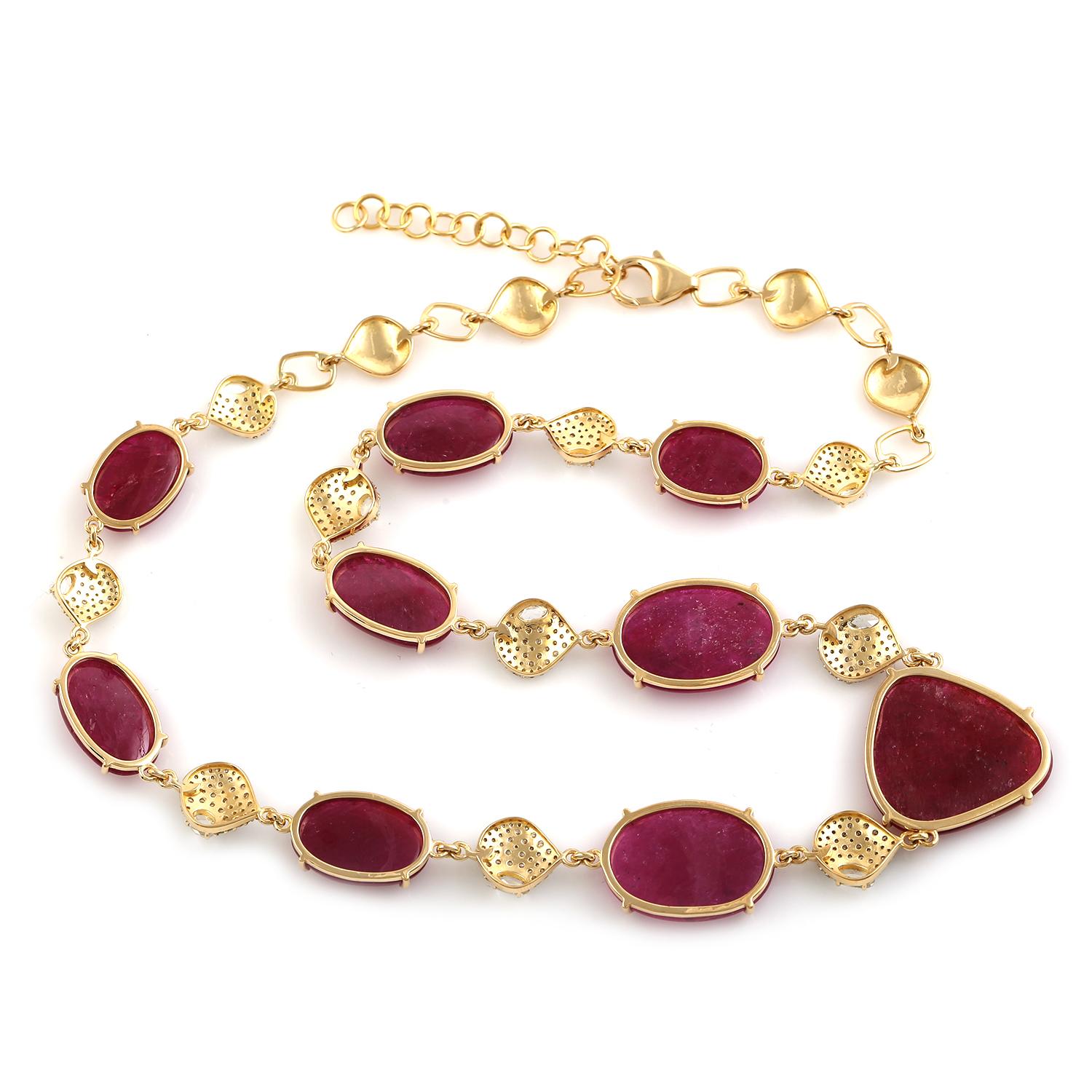Mixed Cut Mosambic Ruby & Diamond Bead link Necklace Made In 18k Yellow Gold For Sale