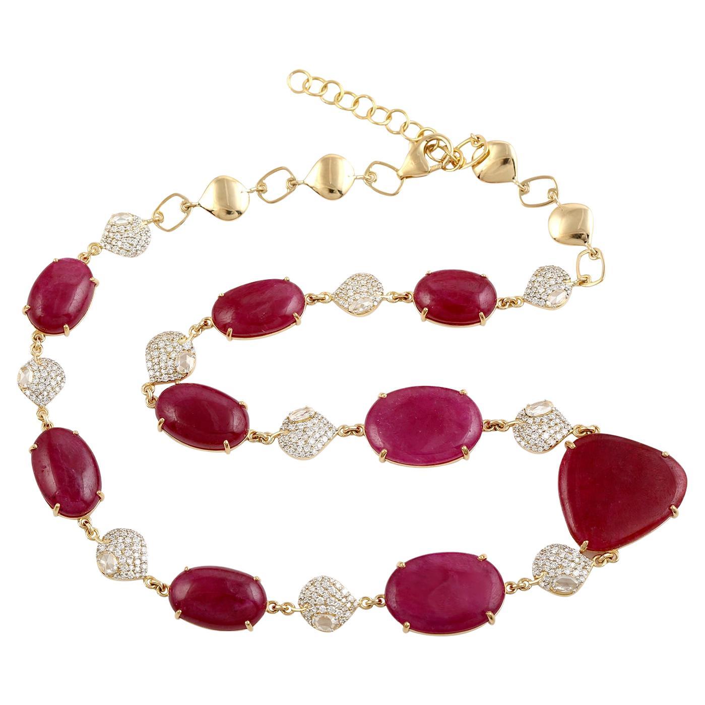 Mosambic Ruby & Diamond Bead link Necklace Made In 18k Yellow Gold For Sale