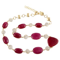 Mosambic Ruby & Diamond Bead link Necklace Made In 18k Yellow Gold