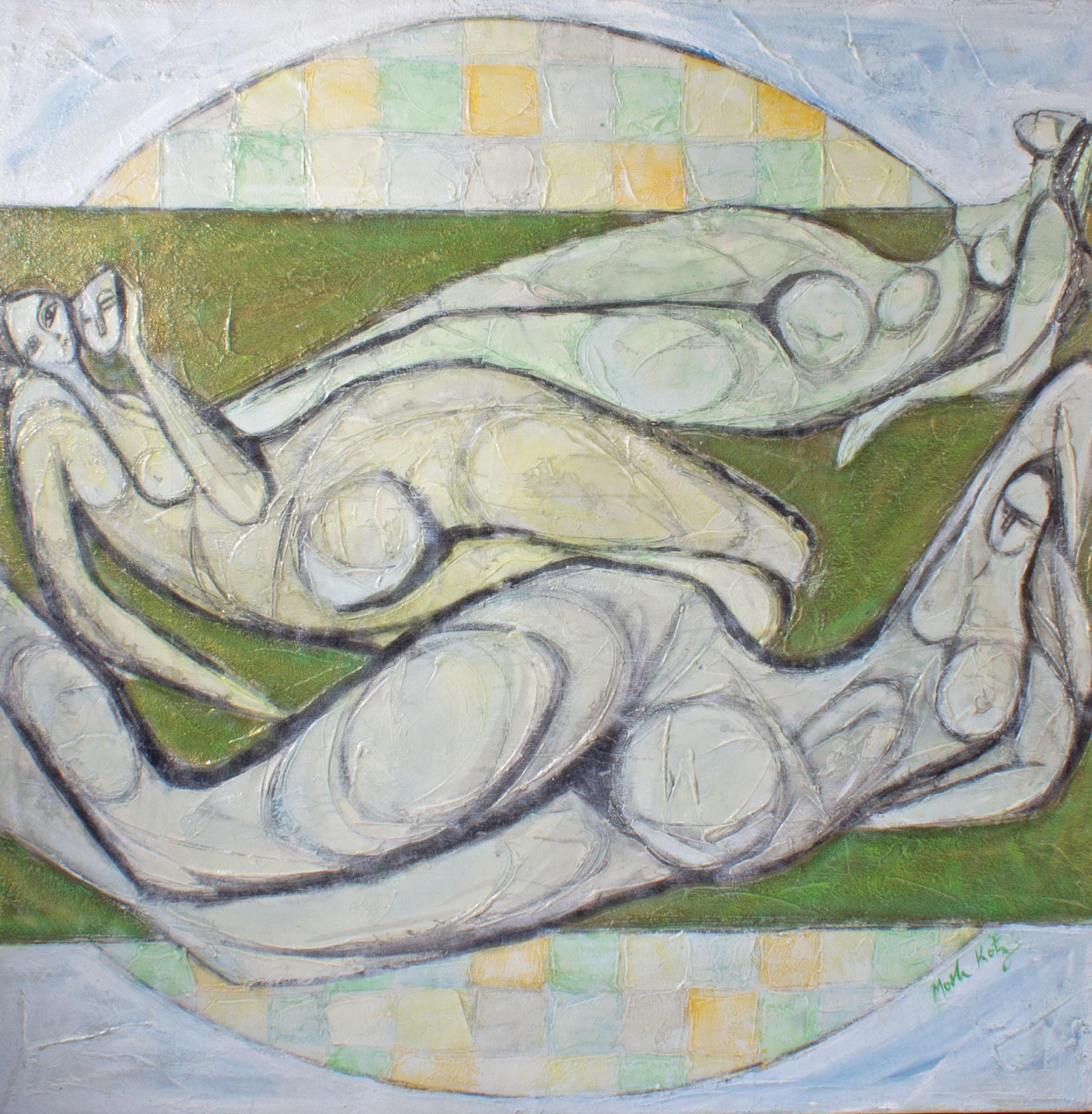 An oil on canvas painting of abstract nudes by Romanian- Israeli artist Mosche Katz (born 1937). The painting depicts three lounging female nudes upon a green ground. Half circles filled with pastel squares are present above and below the figures